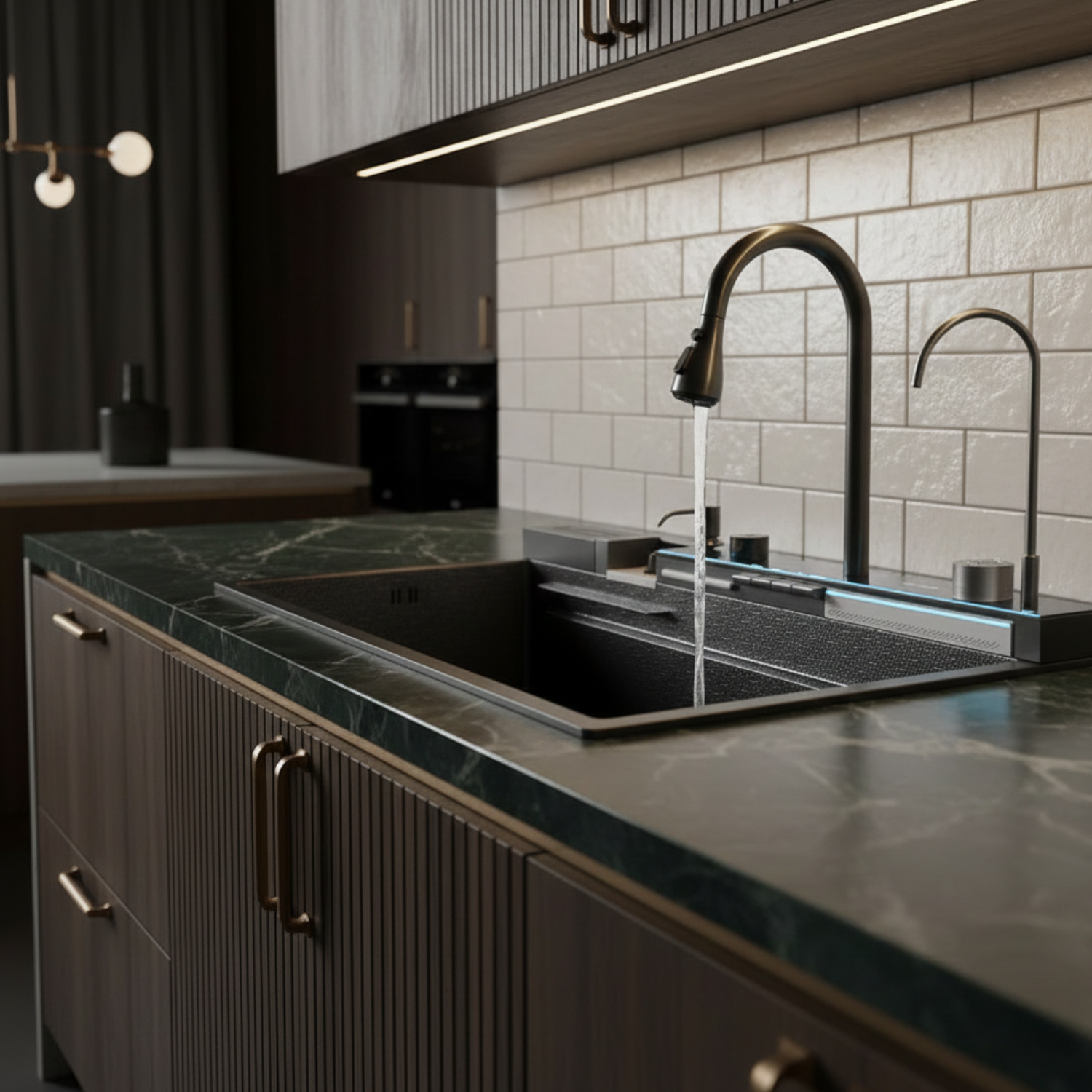 Black kitchen sink with fruits and vegetables on a white countertop
