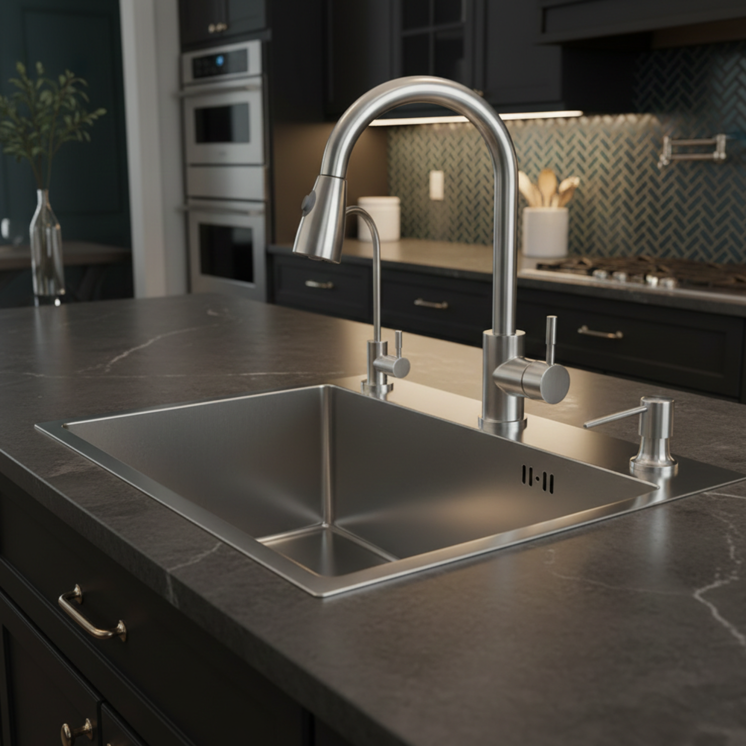 Stainless steel kitchen sink with faucet in a modern kitchen setting