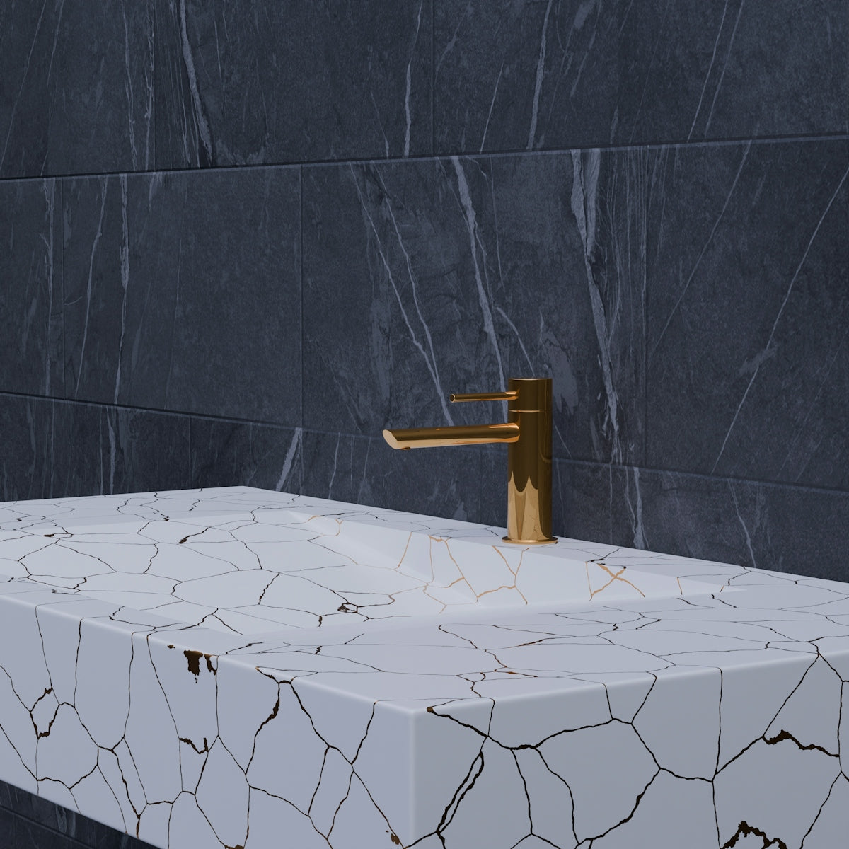 A white sink sitting on top of a marble counter