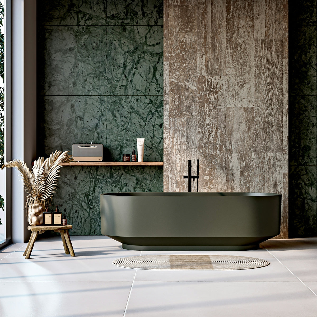 A modern bathroom with green marble and bathtub.