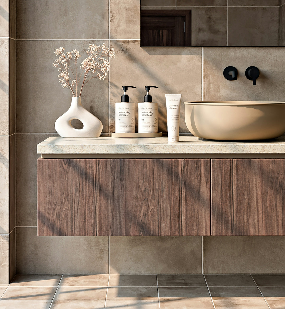 Modern bathroom vanity with sink and toiletries.