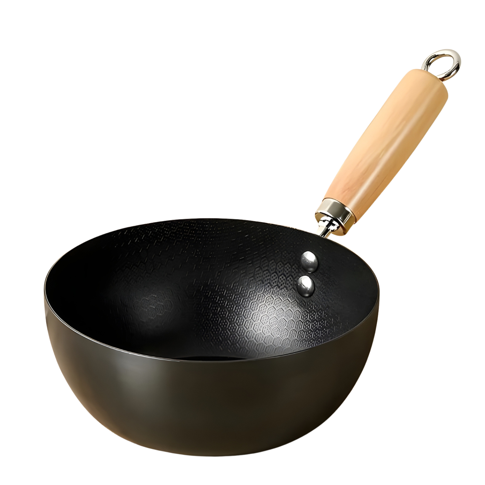 Black wok with a beige handle on a white background