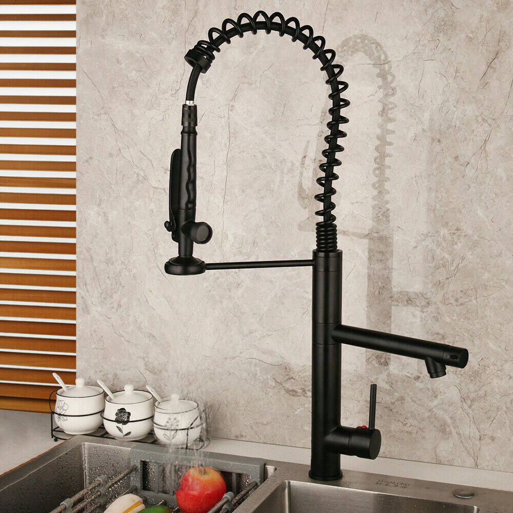 Black professional kitchen faucet with 2 spouts and 2 levers