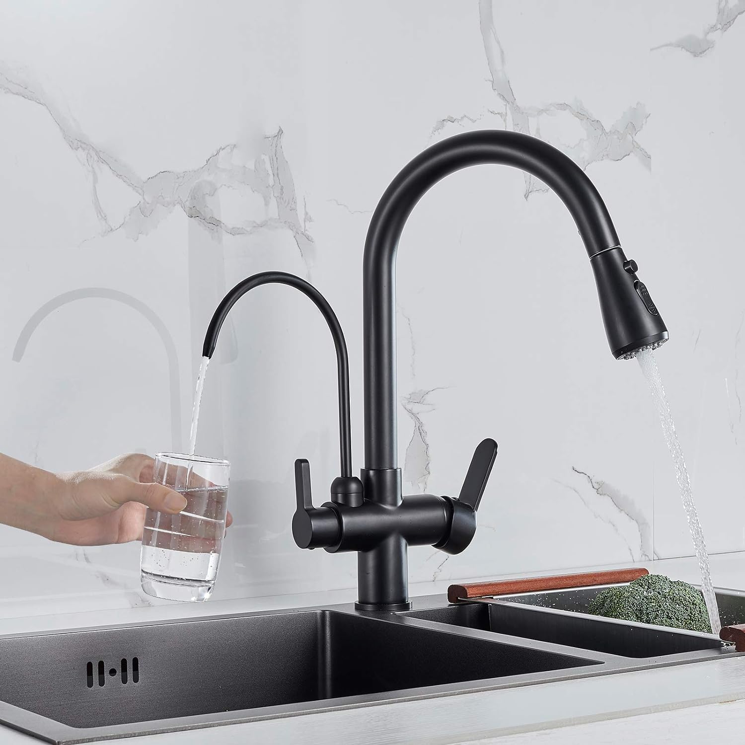 Filling a glass of filtered water with 3-ways faucet