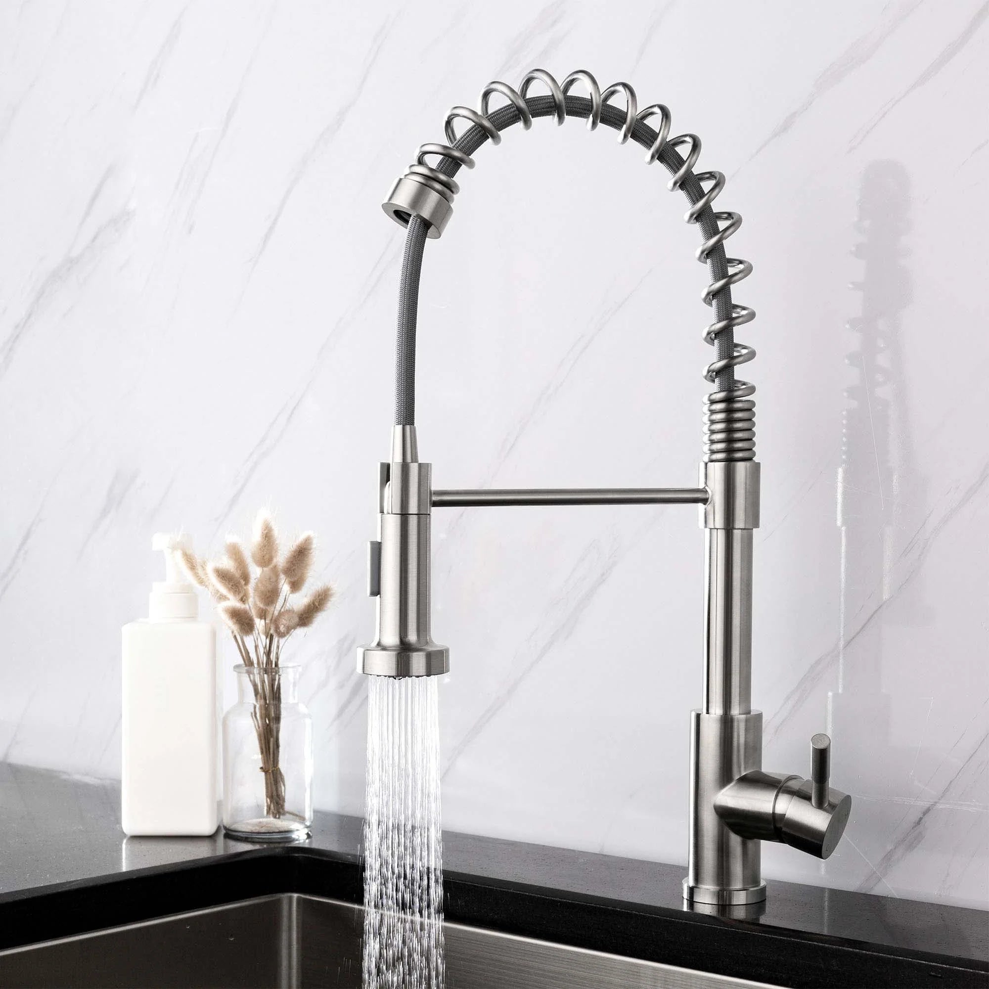 Brushed nickel professional faucet with shower mode