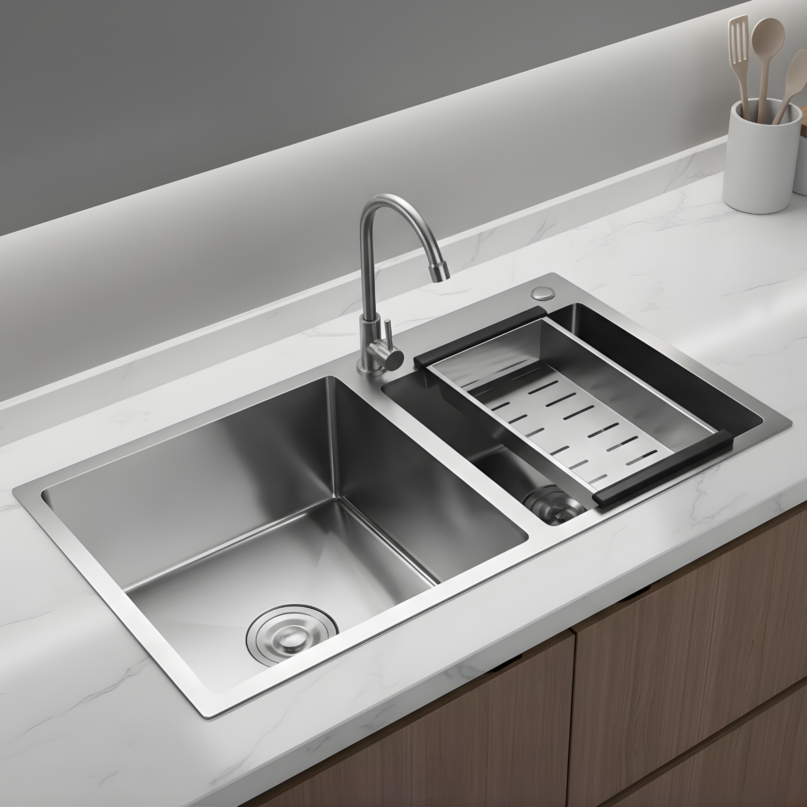 Strolberg - Drop-in Workstation Sink - Stainless Steel Double Bowl Kitchen Sink with Noise Reduction - Silver