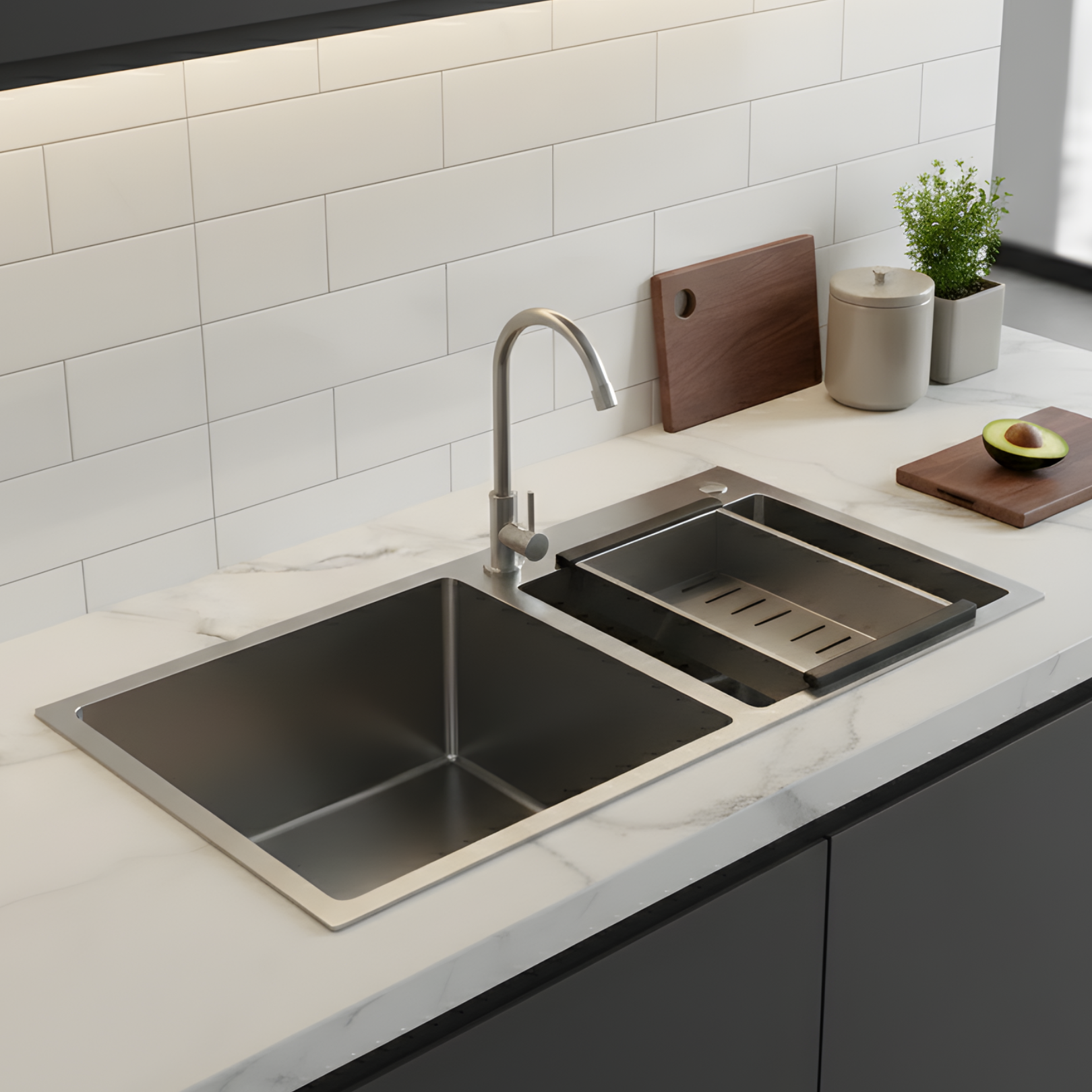 Strolberg - Drop-in Workstation Sink - Stainless Steel Double Bowl Kitchen Sink with Noise Reduction - Silver