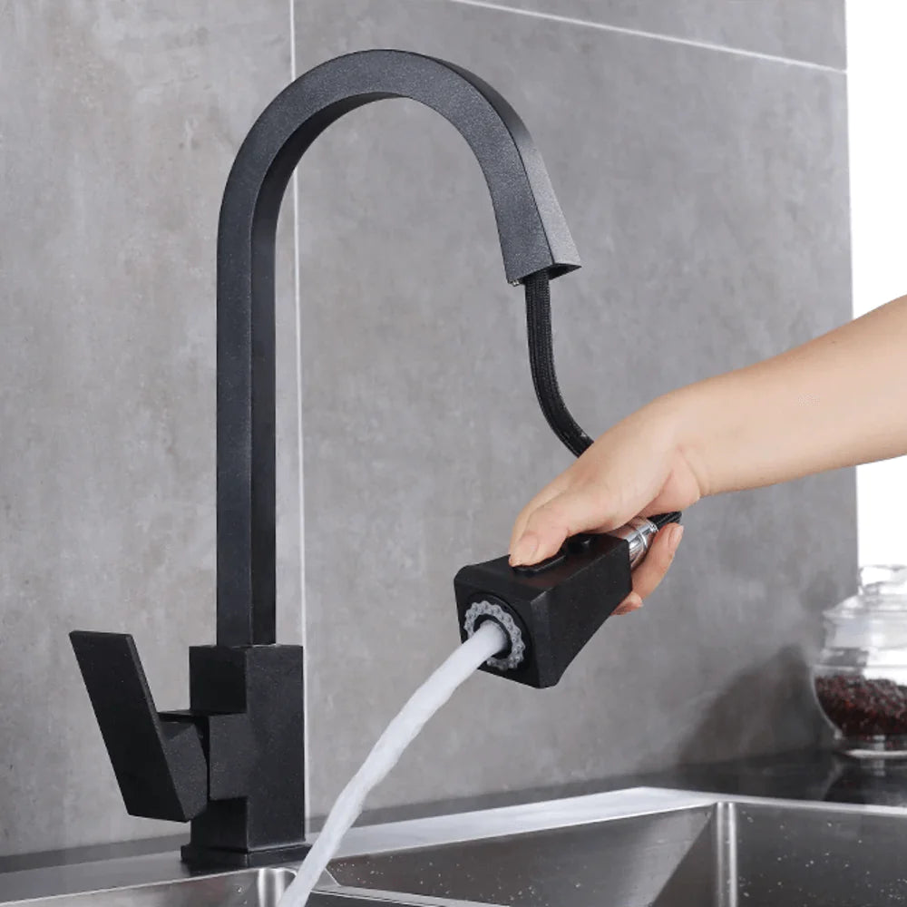 Black modern kitchen faucet with single square lever, multiple modes, and a pull-out spout