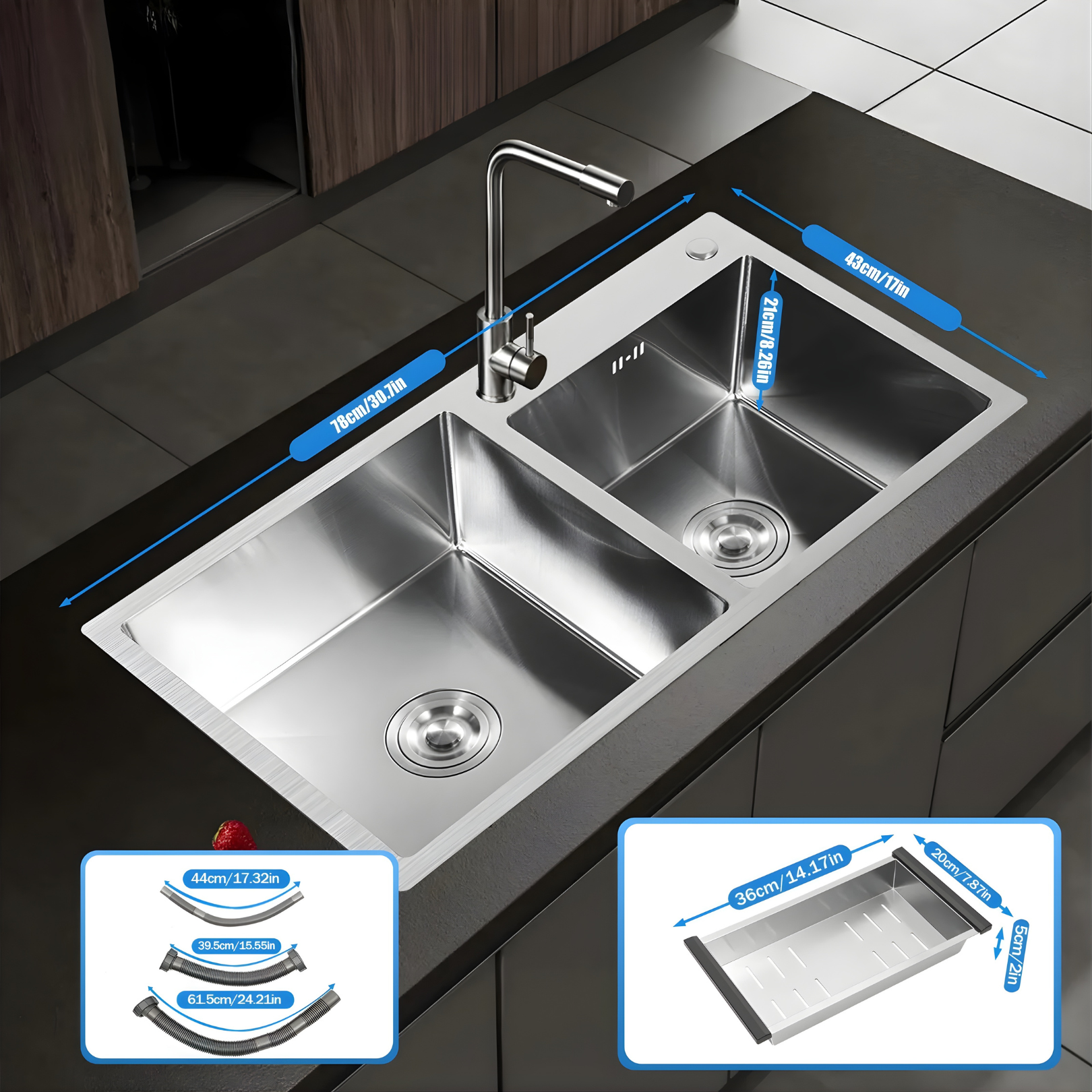 Strolberg - Drop-in Workstation Sink - Stainless Steel Double Bowl Kitchen Sink with Noise Reduction - Silver