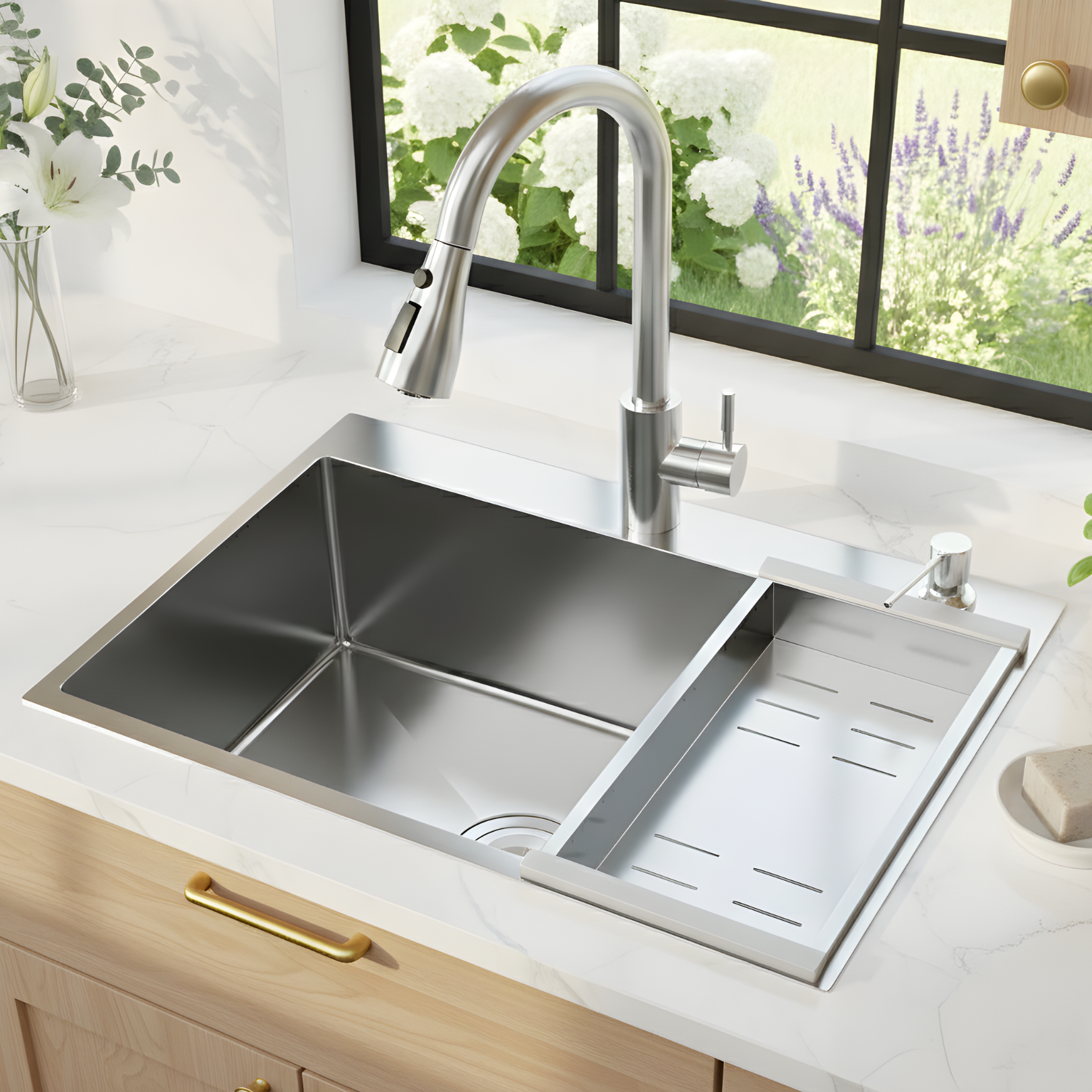 Klopeiner - 23.62" Stainless Steel Undermount Kitchen Sink with Pull-Out Faucet - Single Bowl Workstation Sink for Kitchen, Laundry & Bathroom