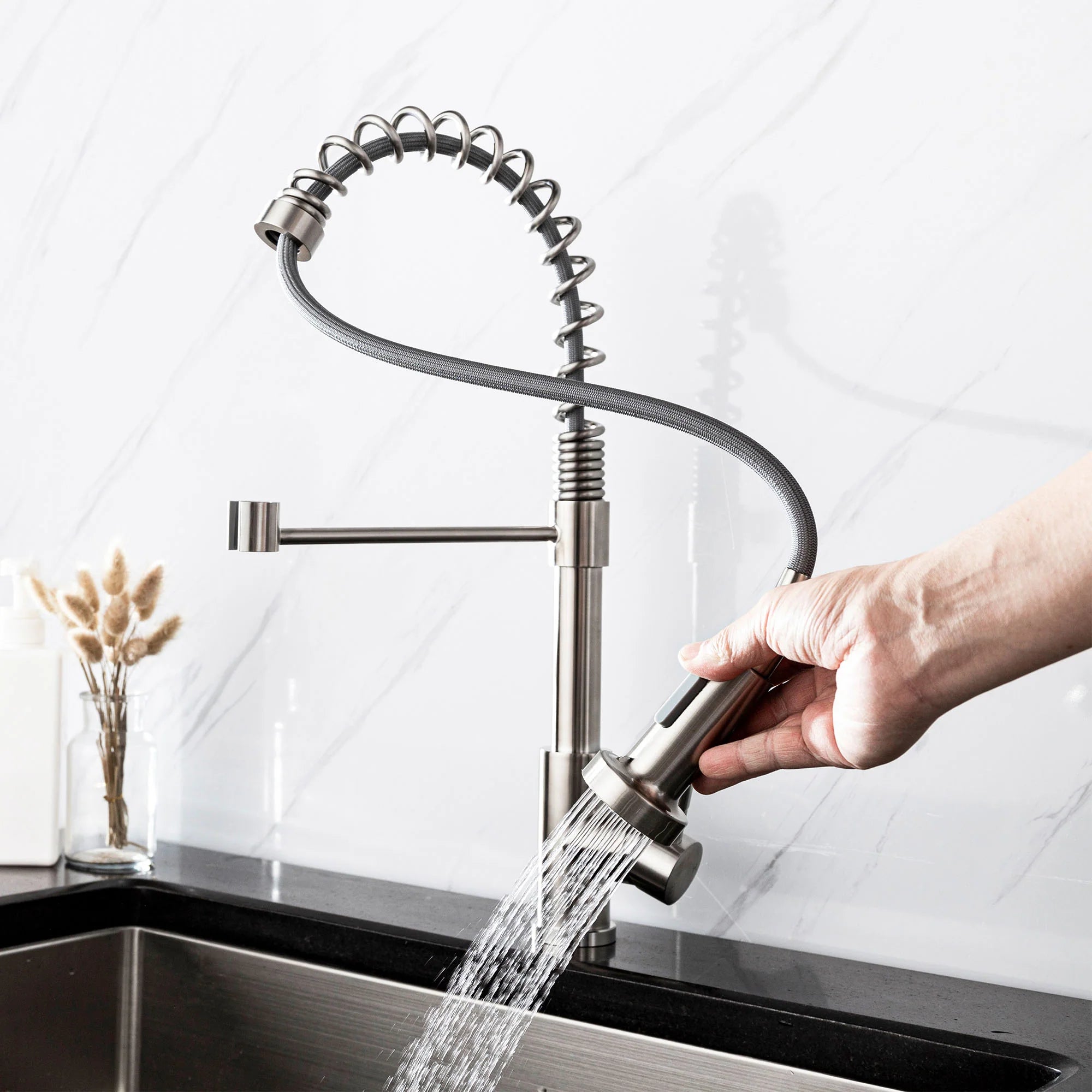 Brushed nickel industrial kitchen faucet with multiple modes and long hose