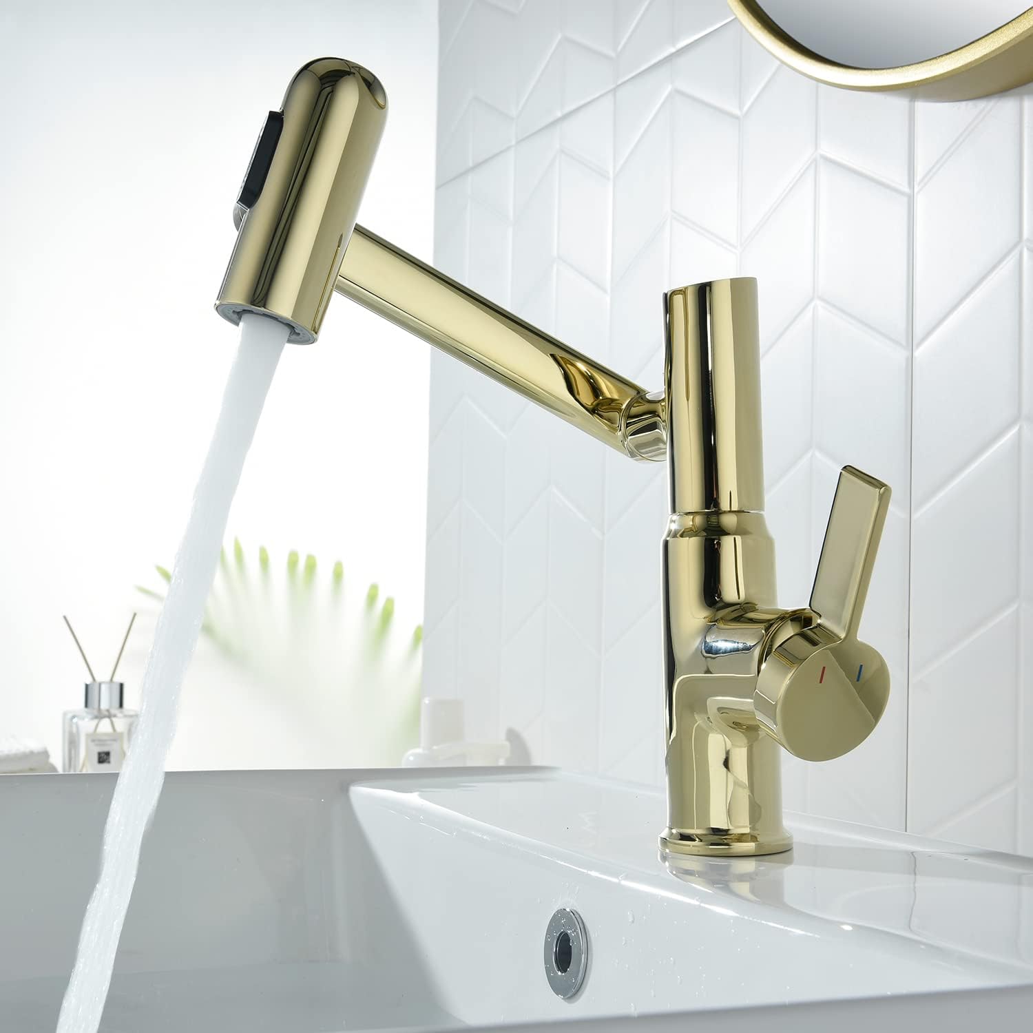 Golden modern faucet with a temperature screen and multiple modes