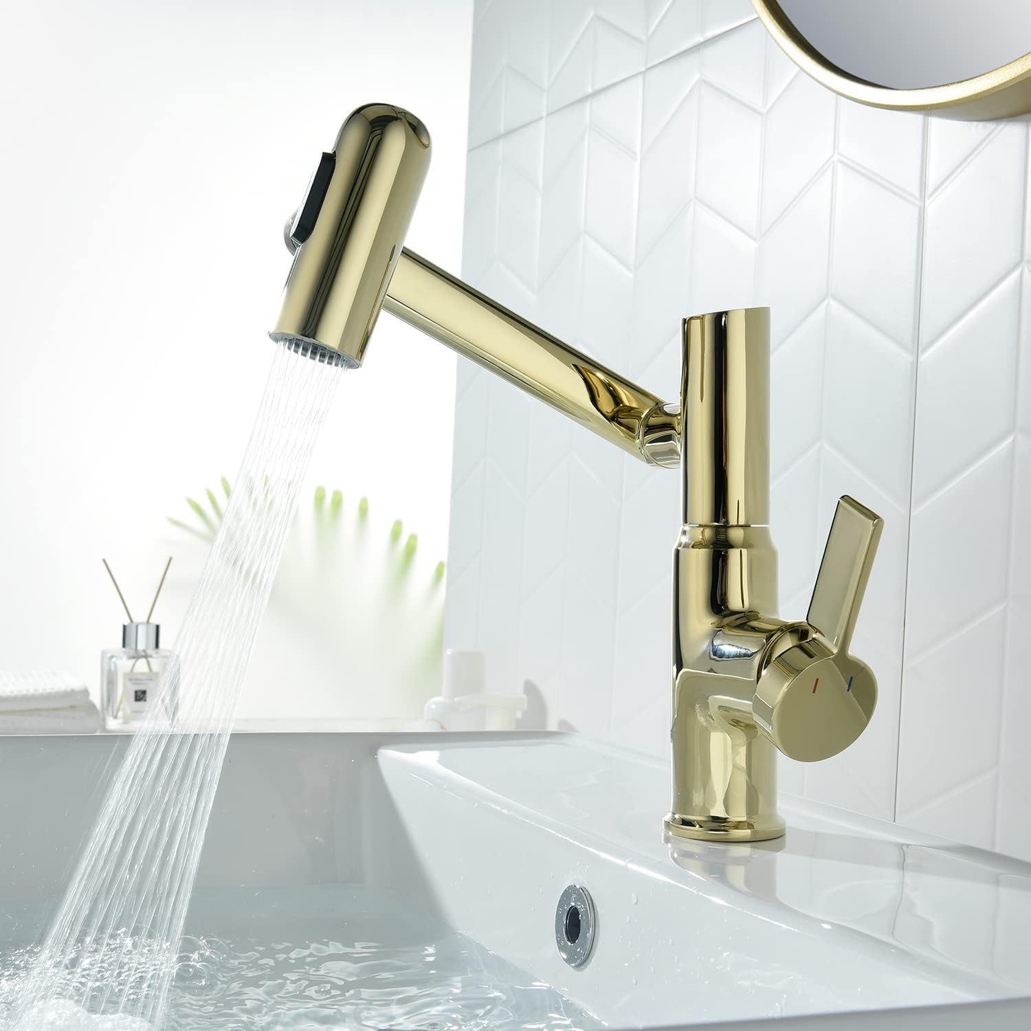 Golden modern faucet with a temperature screen