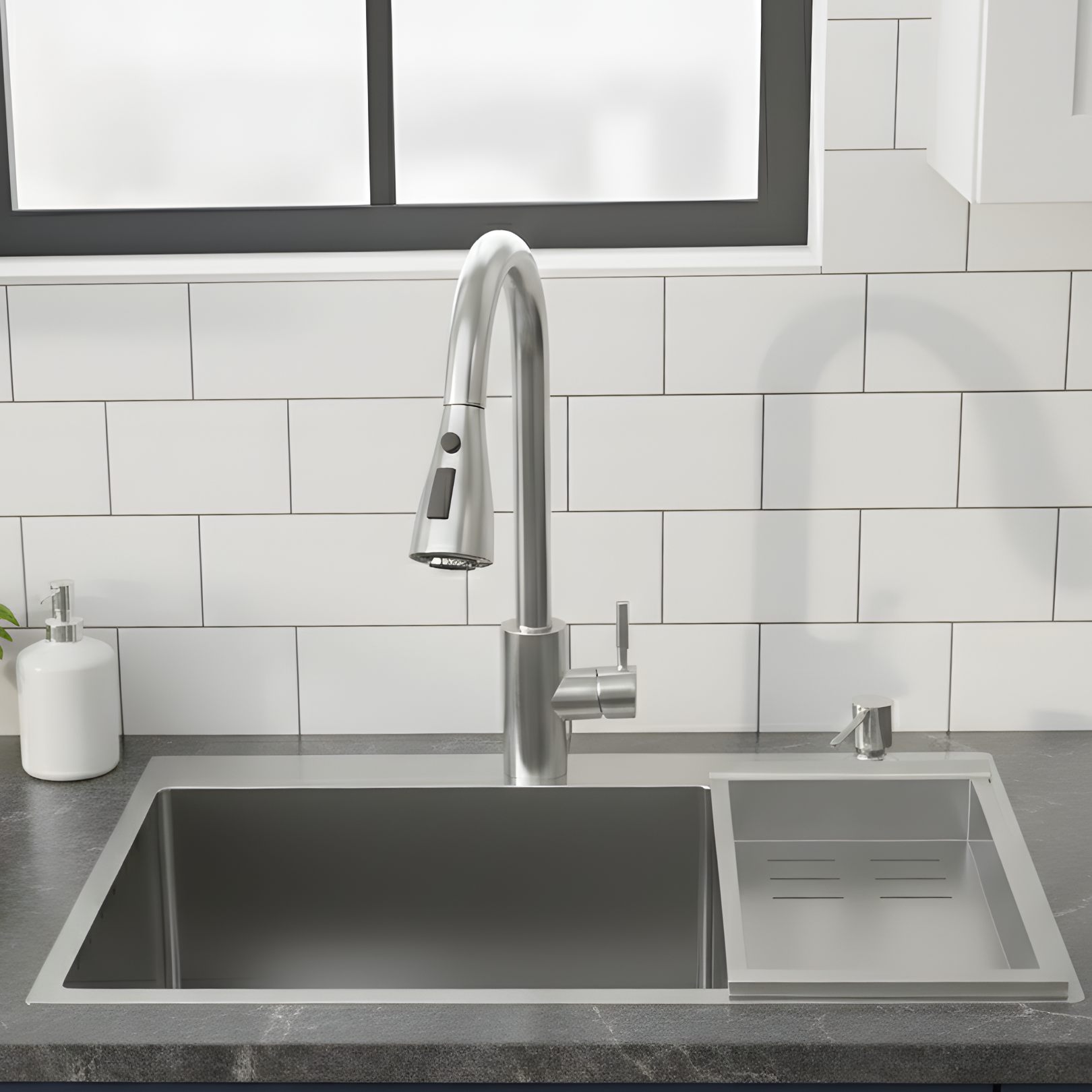 Modern kitchen sink with faucet against a white tiled wall