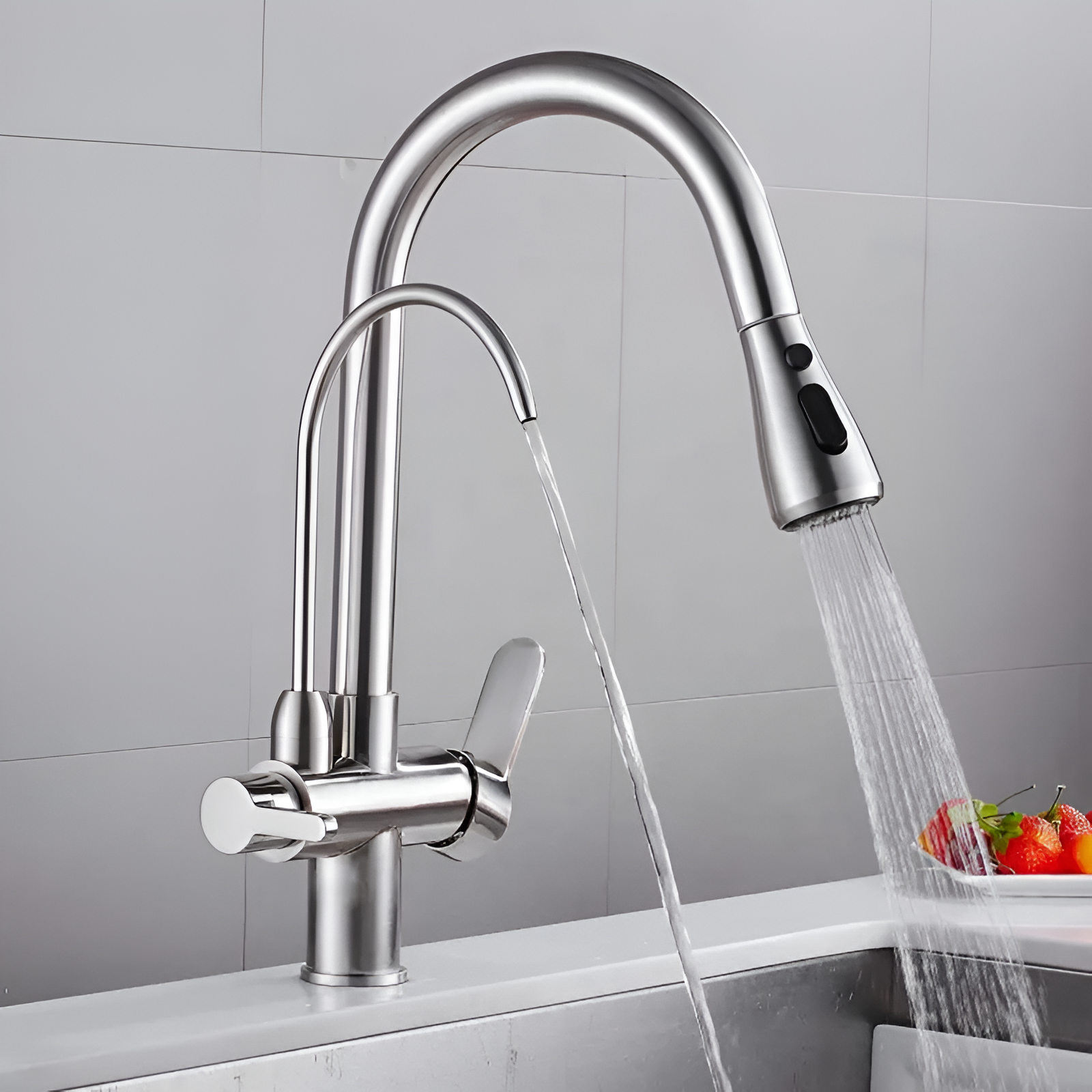 Brushed nickel 3-ways kitchen faucet with filtered water tap