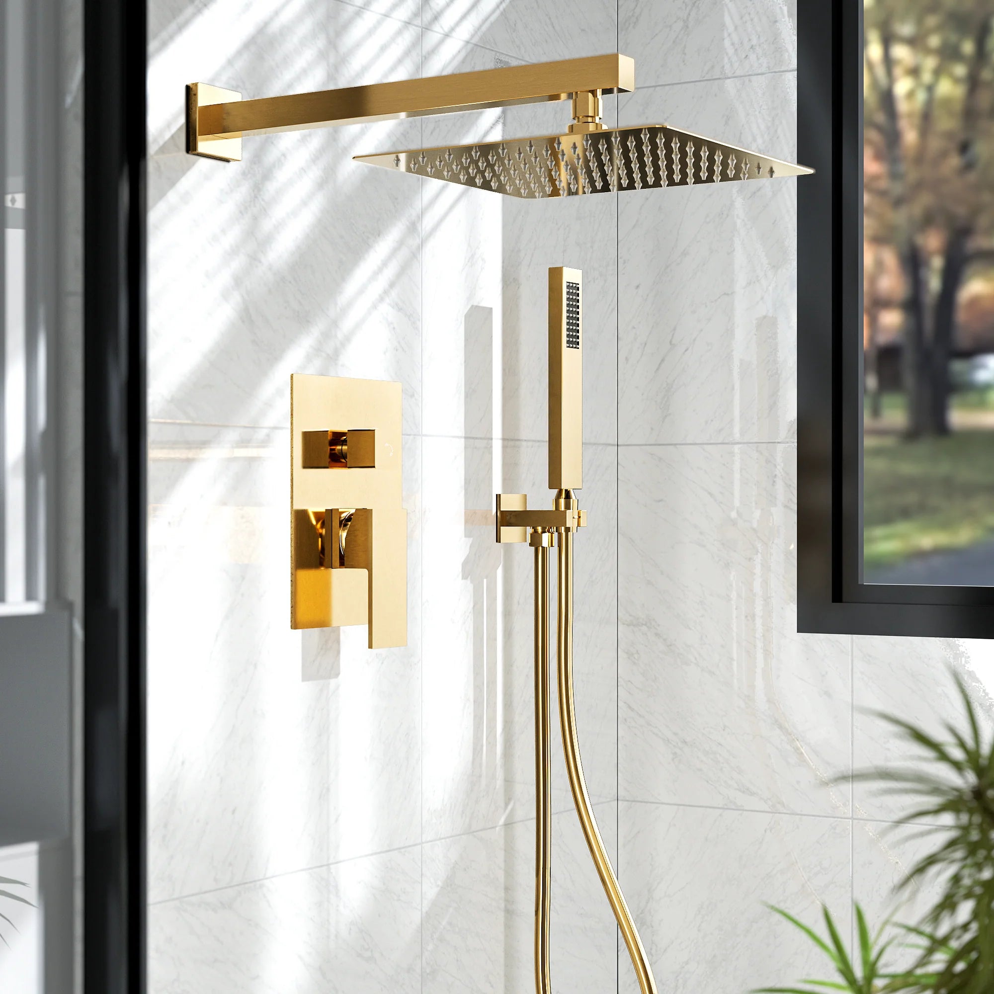 Golden rainfall shower set in a luxurious bathroom