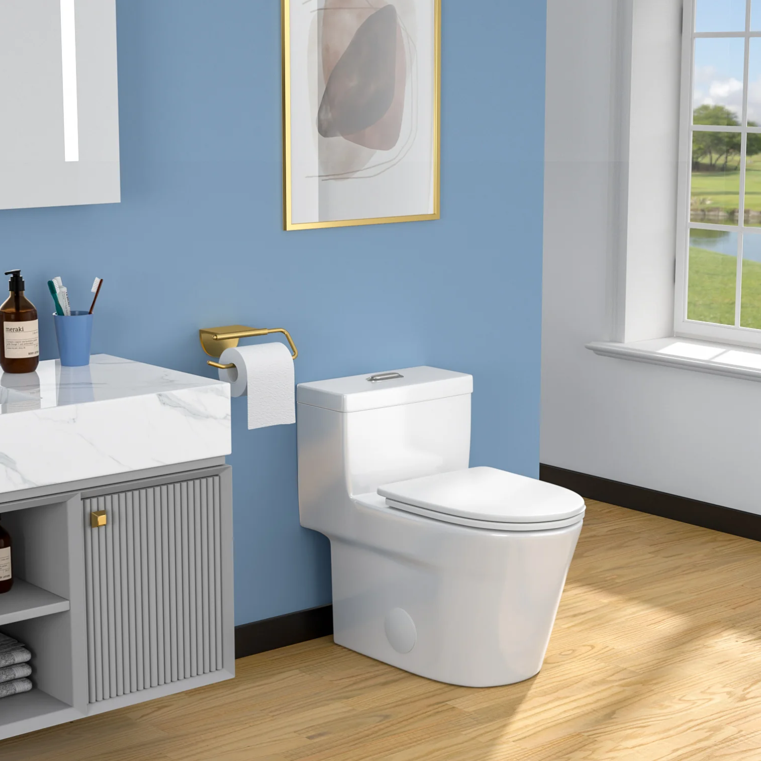 Are - One-Piece 1.1/1.6 GPF Dual Flush Round Toilet in White Soft Close Seat Included