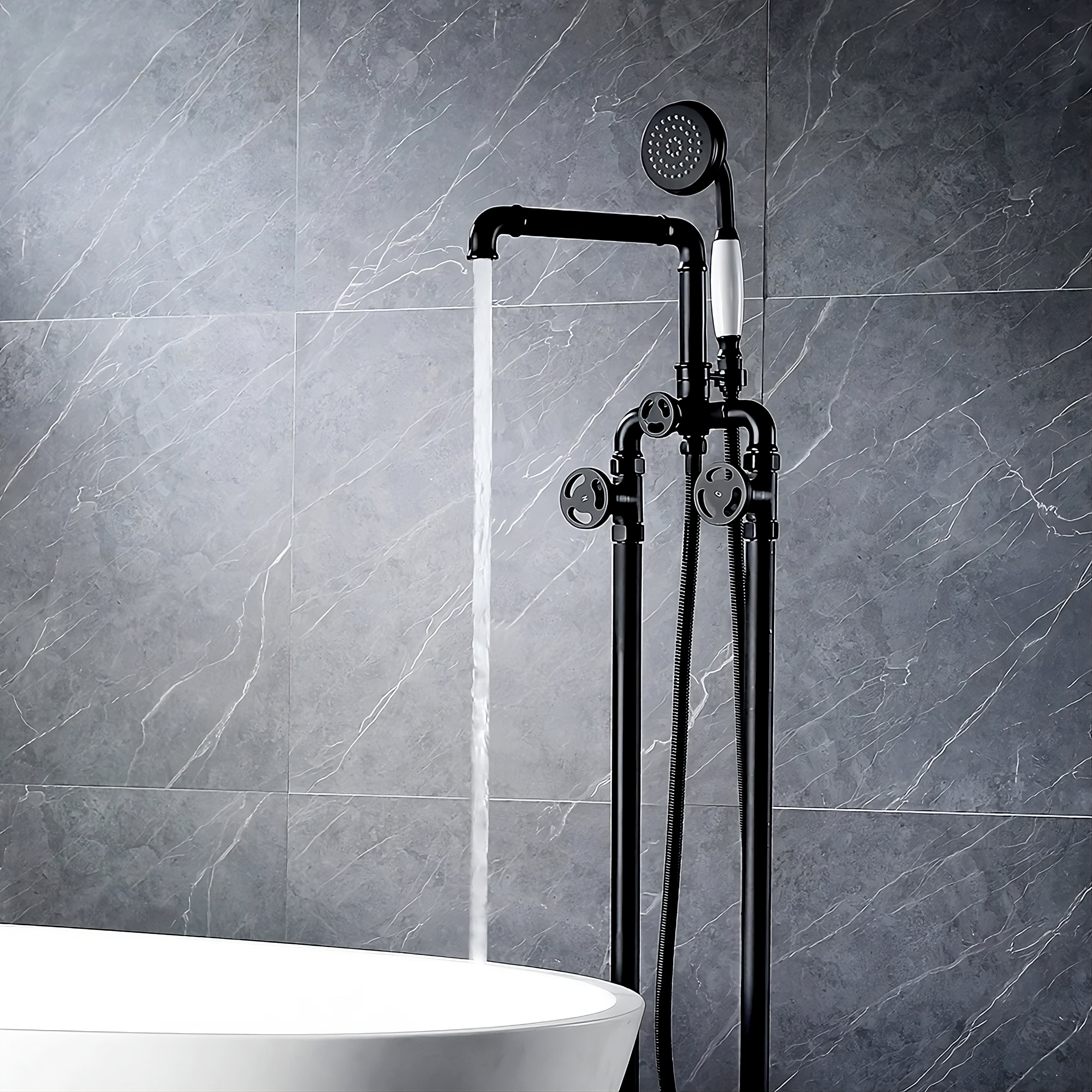 Black Floor-mounted tub filler with a faucet