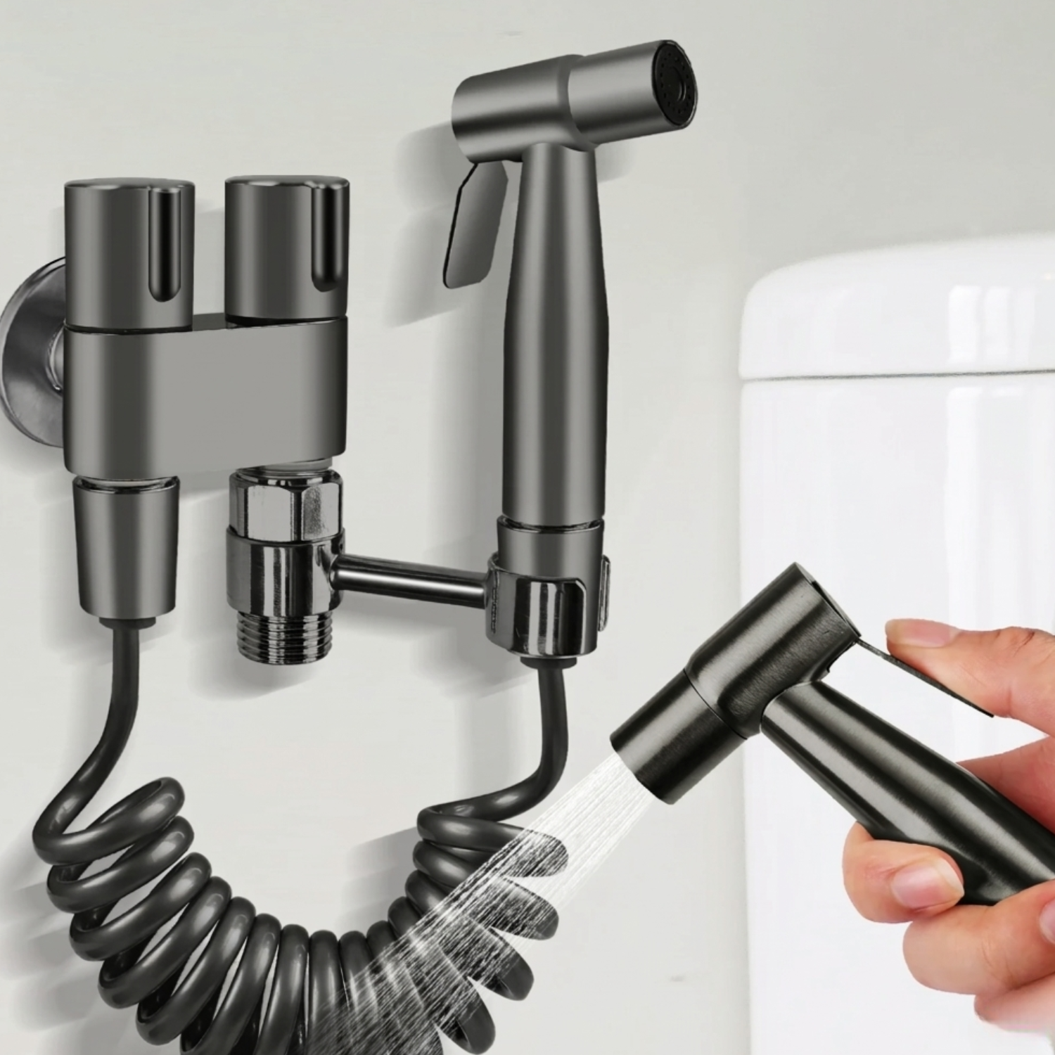 Glomma  - Stainless Steel Bidet Spray Gun Set – Handheld Toilet Hygienic Shower with Double Outlet Angle Valve