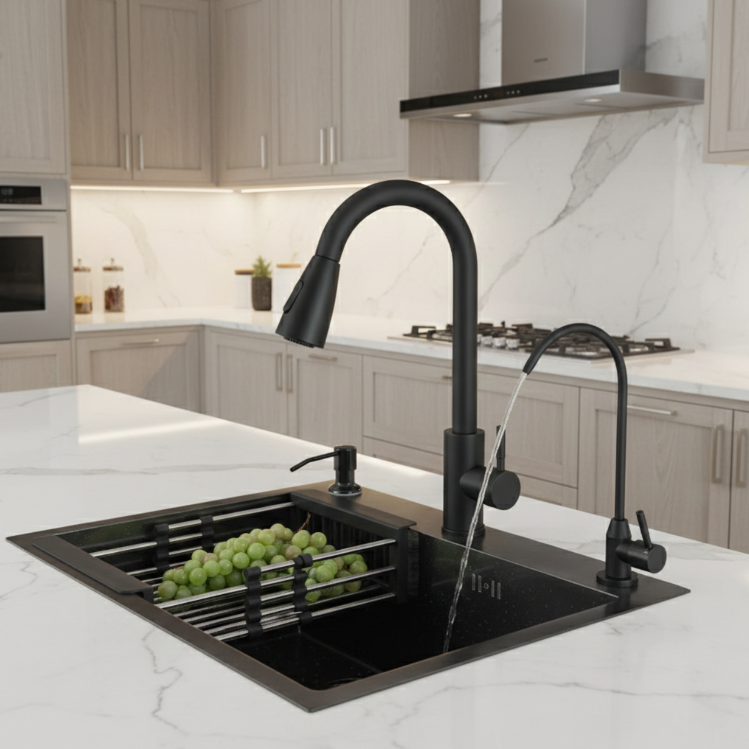 Black kitchen sink with running water in a modern kitchen setting