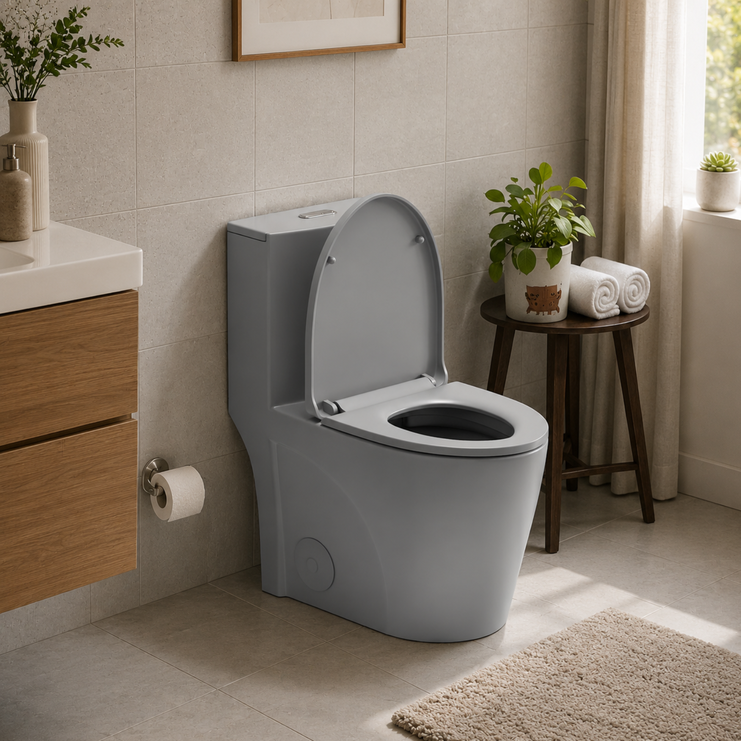 Femunden - Light Gray Modern One-Piece Toilet with Dual Flush & Soft-Close Seat