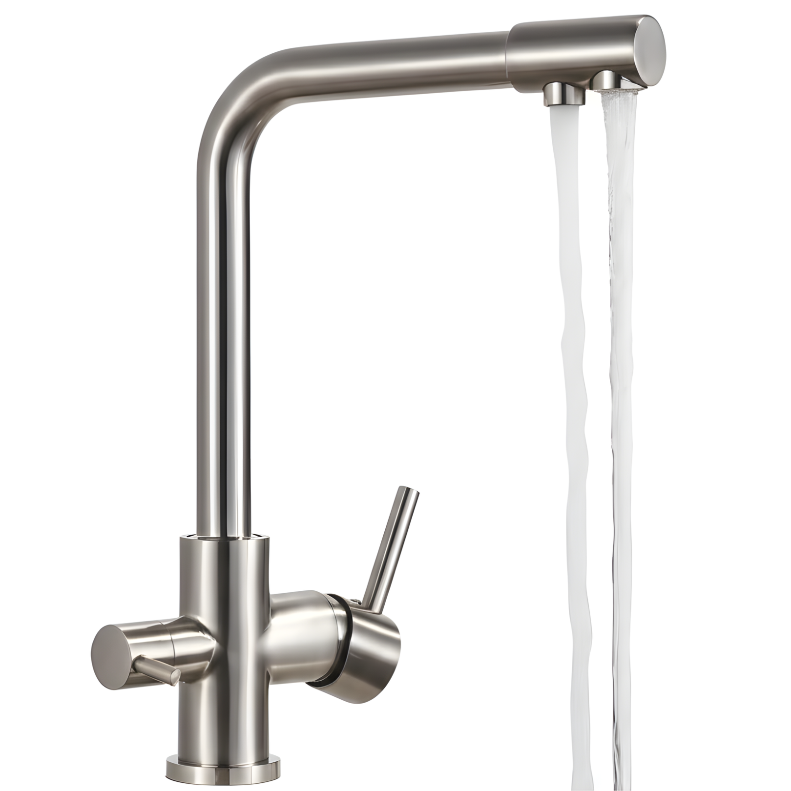 Stainless steel kitchen faucet with water flowing on a white background