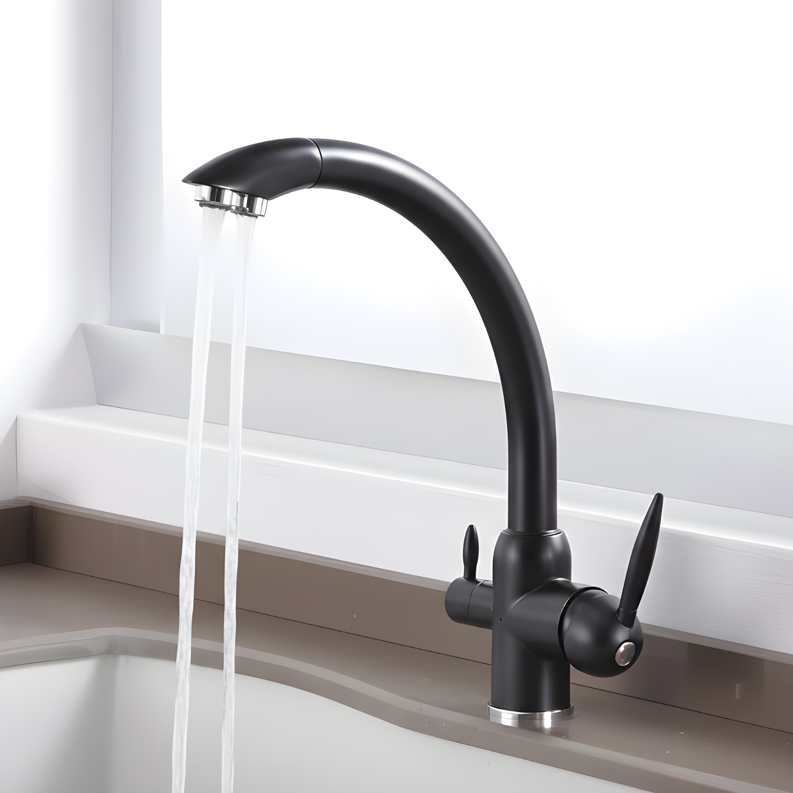 Black kitchen faucet with water flowing in a modern kitchen setting