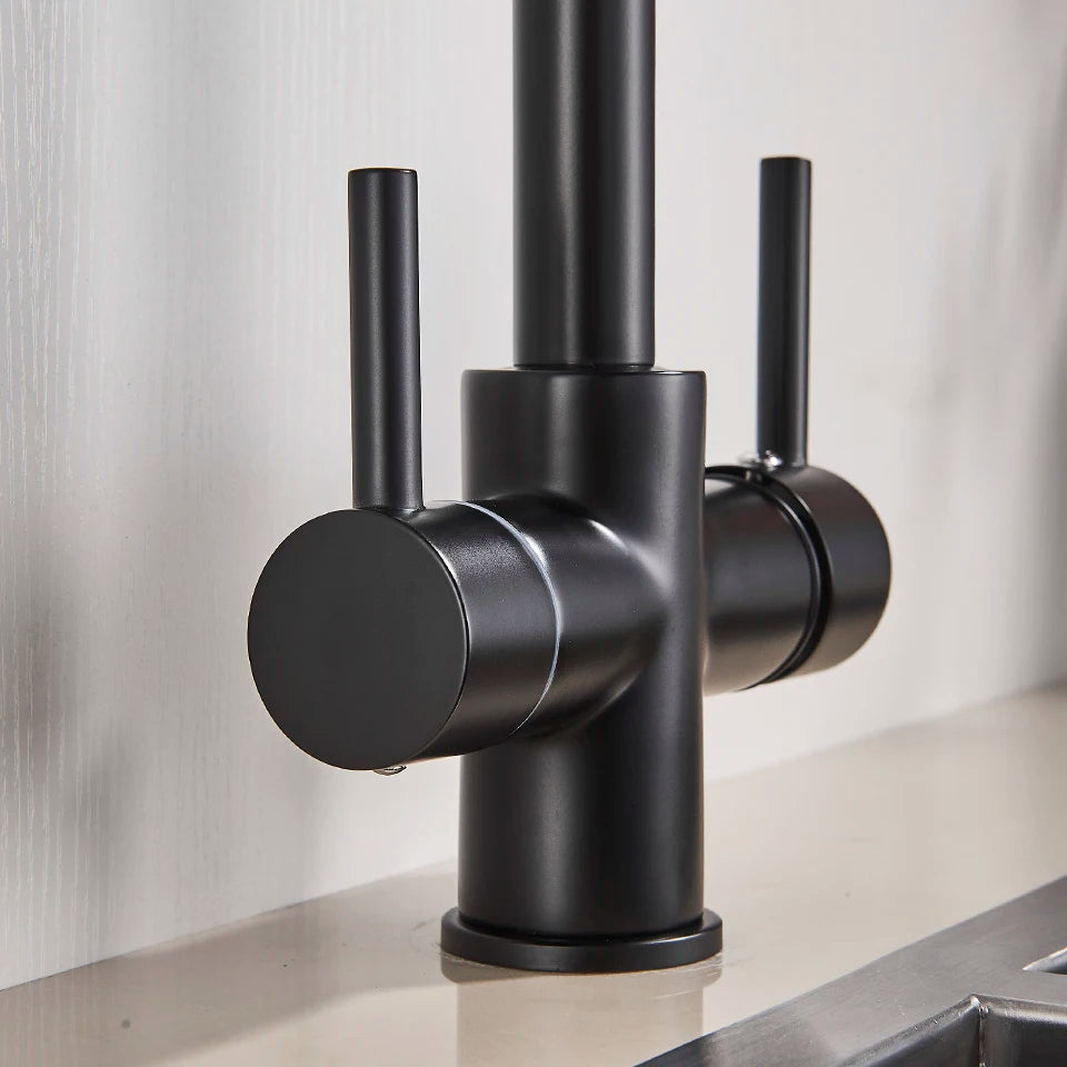 Black kitchen faucet on a white background