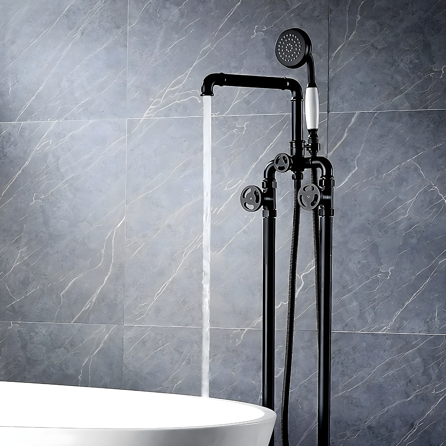 Hagen - Industrial Design Freestanding Black Tub Filler & Shower Kit for Bathtub