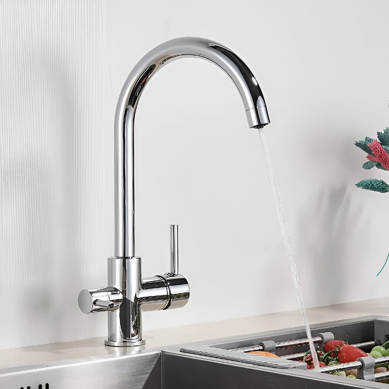 Chrome kitchen faucet with drinking water dispenser