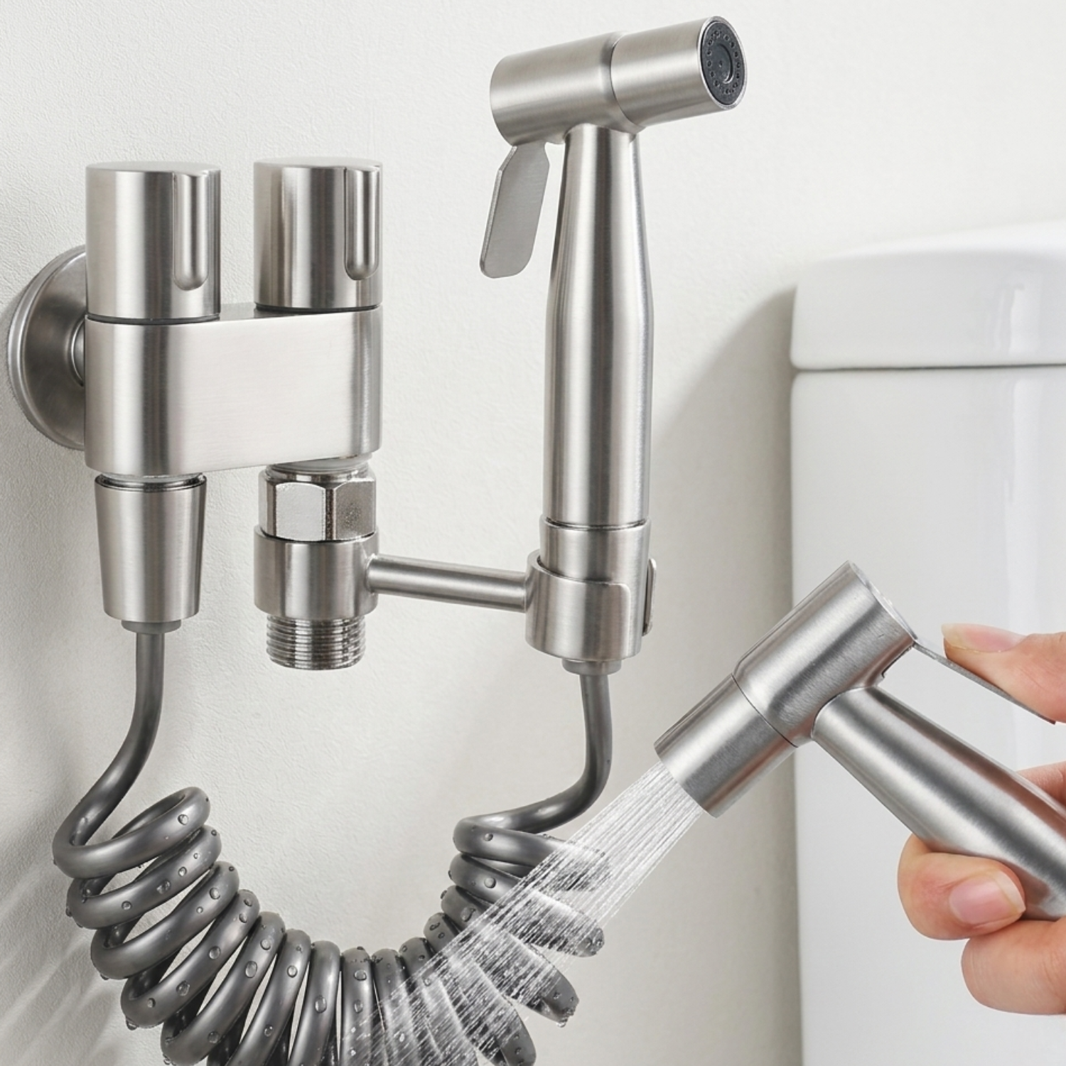 Glomma  - Stainless Steel Bidet Spray Gun Set – Handheld Toilet Hygienic Shower with Double Outlet Angle Valve
