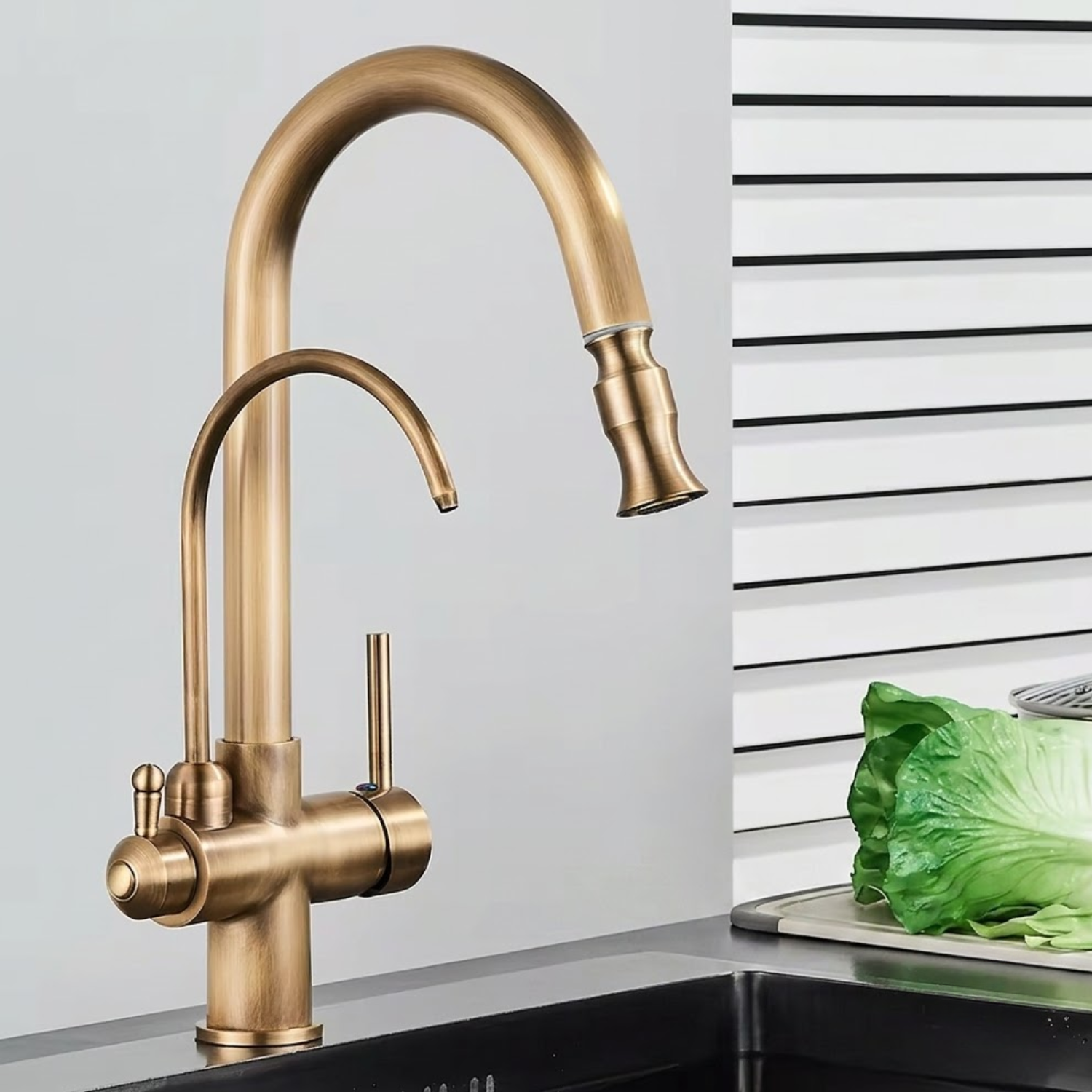 Karlstad Antique - 3-Way Kitchen Faucet with Filter Tap & Pull-Out Sprayer for Kitchen Sink