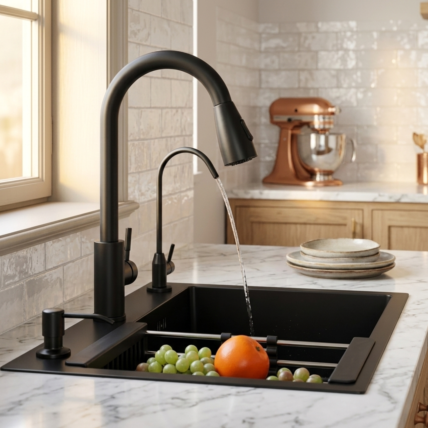 Modern black kitchen sink with running water, fruits, and a mixer in the background.