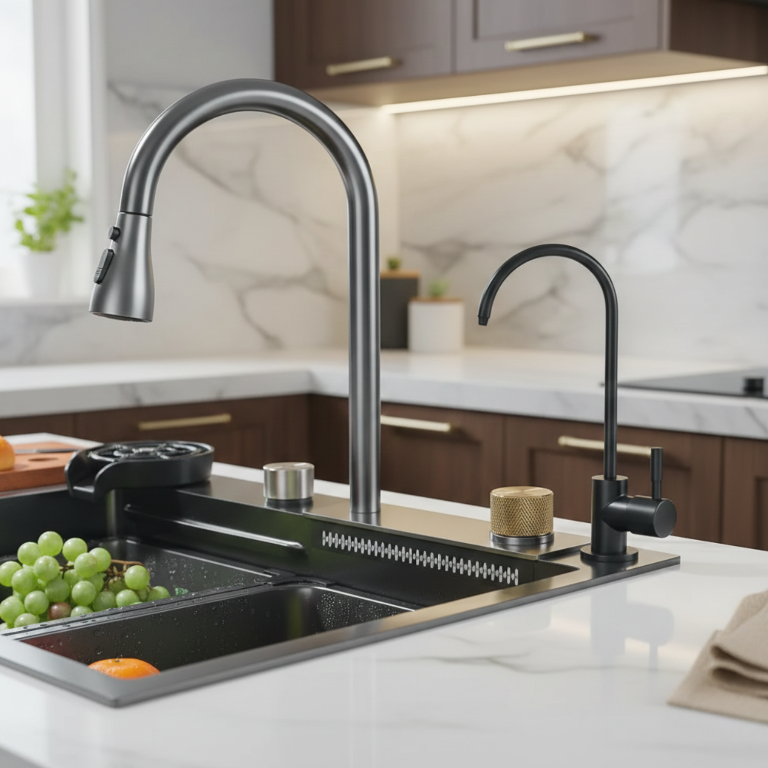 Modern kitchen sink with dual faucets in a well-lit kitchen setting.