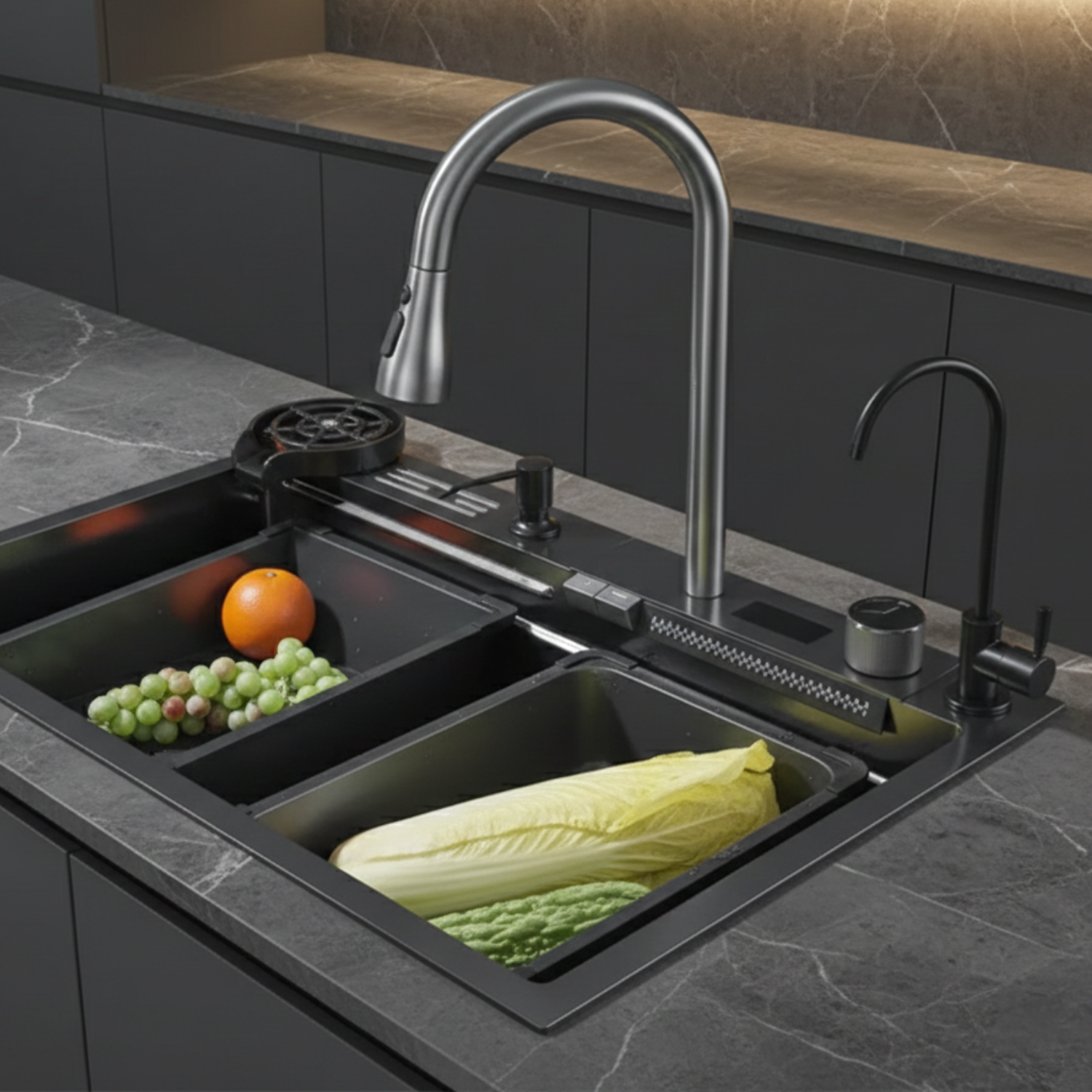 Modern kitchen sink with faucet and vegetables on a dark countertop