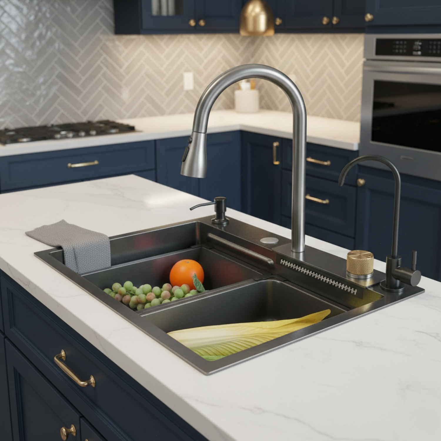 Modern kitchen sink with fruits and vegetables in a well-lit kitchen.