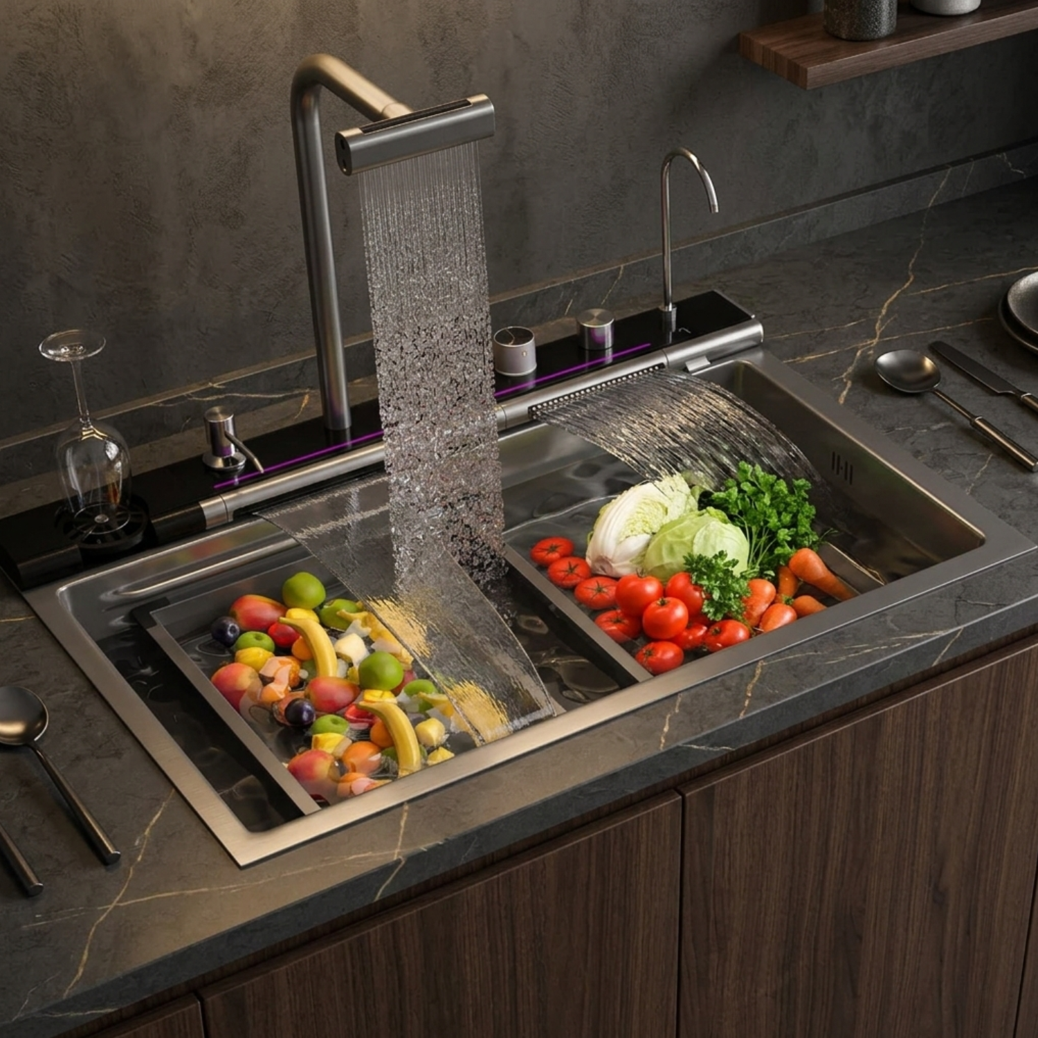 Modern kitchen sink with running water and fresh vegetables on a dark countertop.