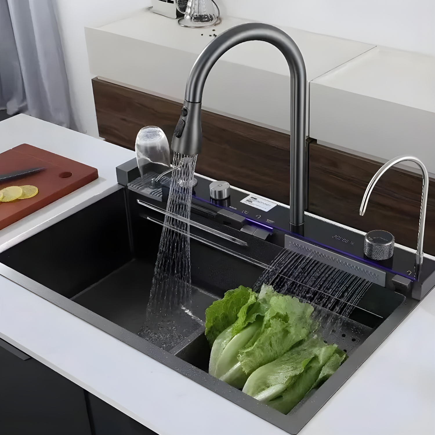 Modern kitchen sink with running water and lettuce, featuring a sleek faucet