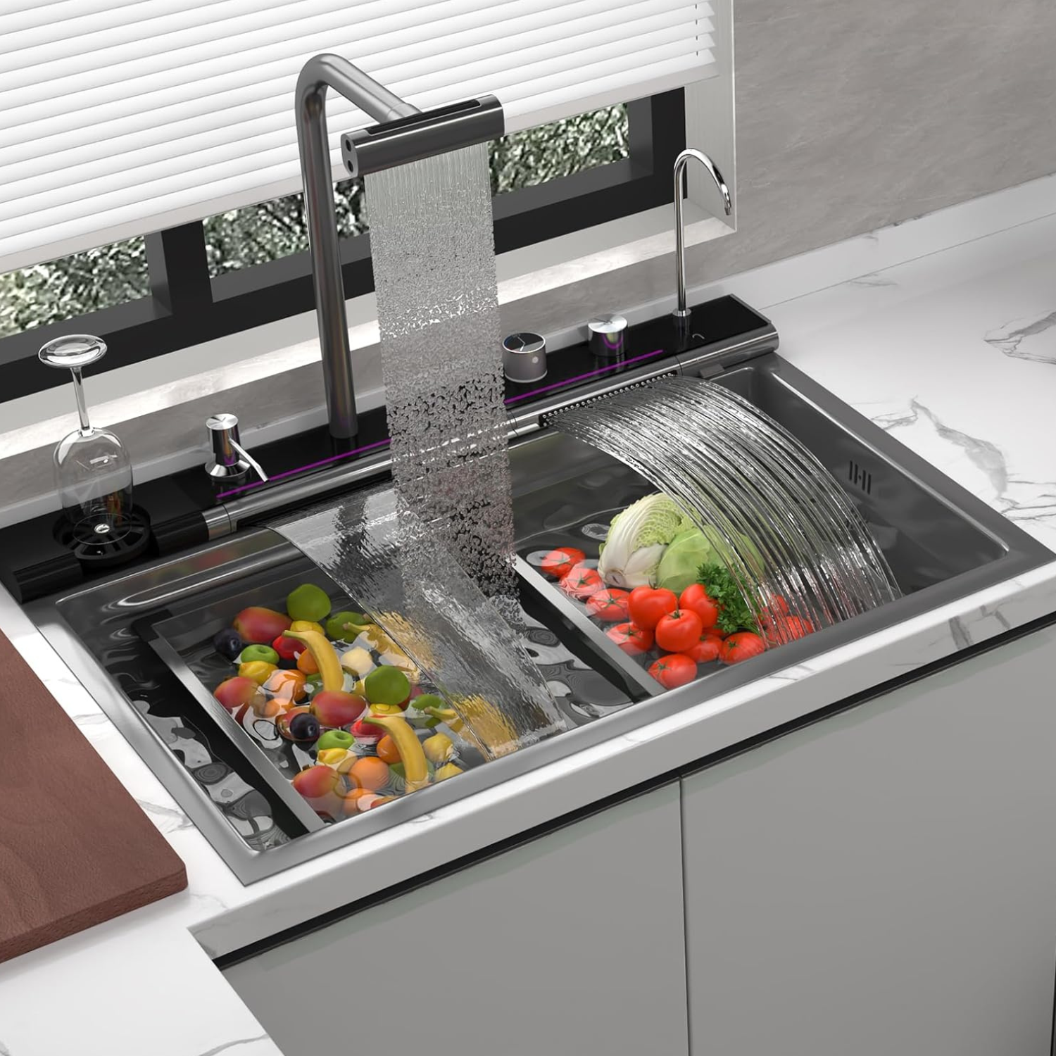 Modern kitchen sink with running water and vegetables being washed