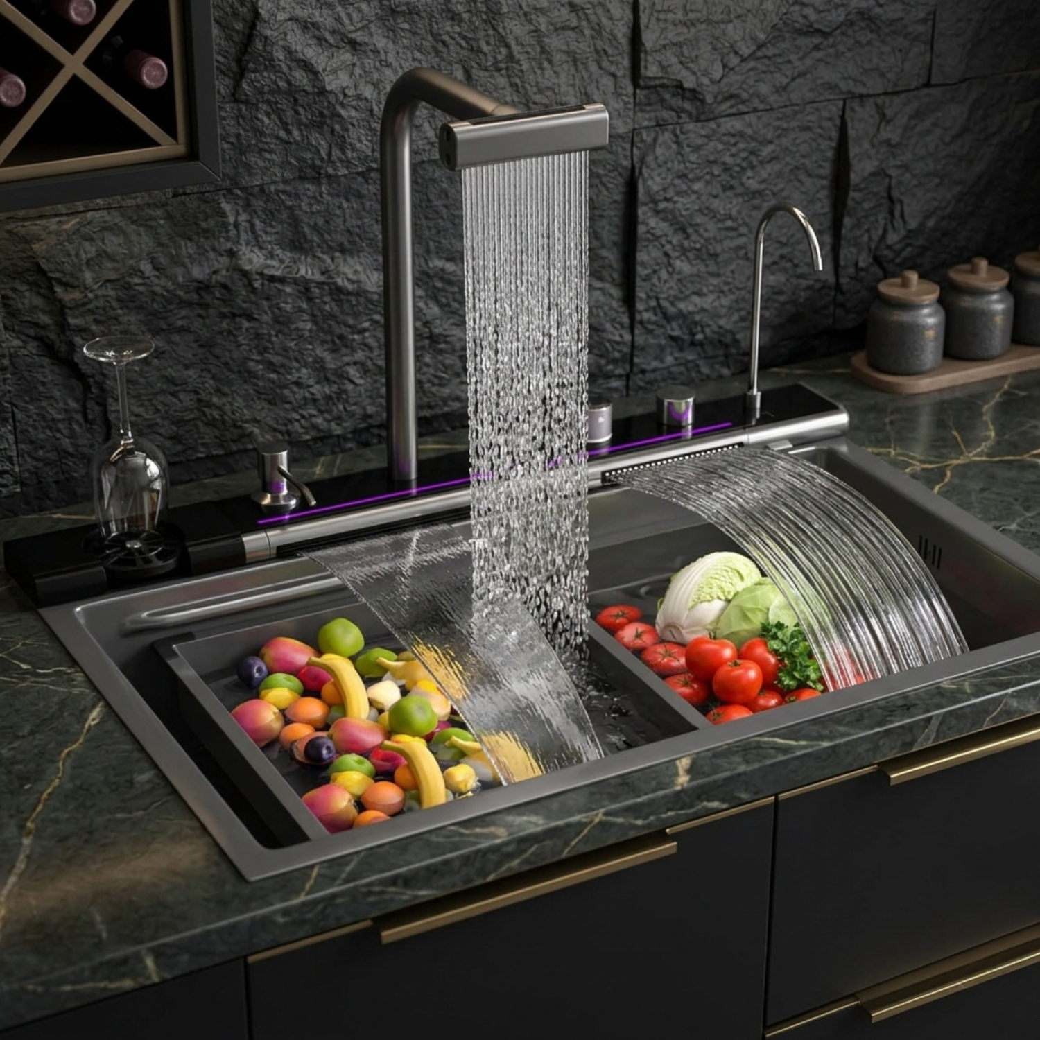 Modern kitchen sink with running water and vegetables on a dark stone countertop.