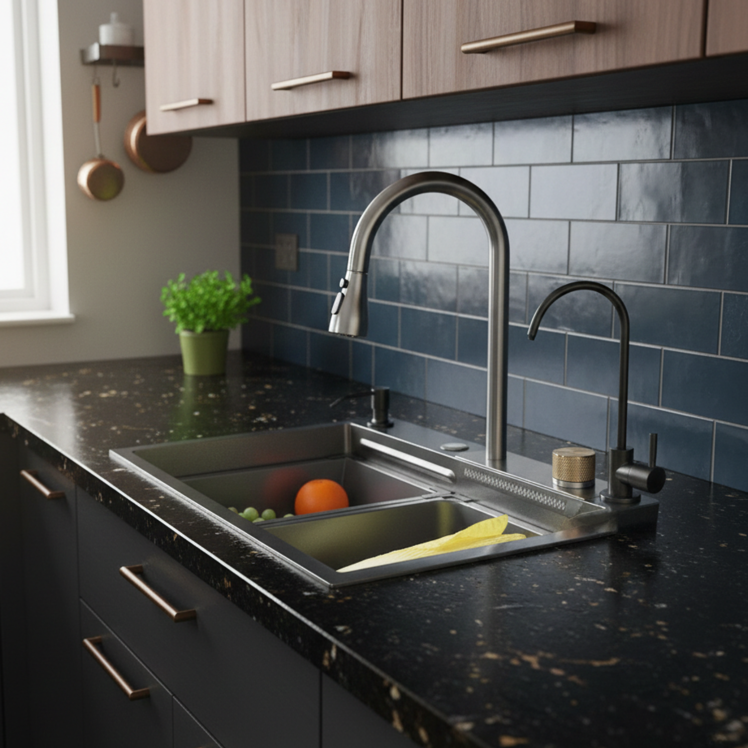 Modern kitchen with a stainless steel sink and blue tiled backsplash.