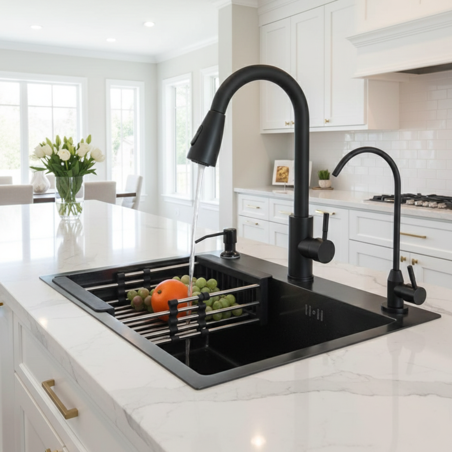 Modern kitchen with black sink and faucet in a bright, well-lit room.
