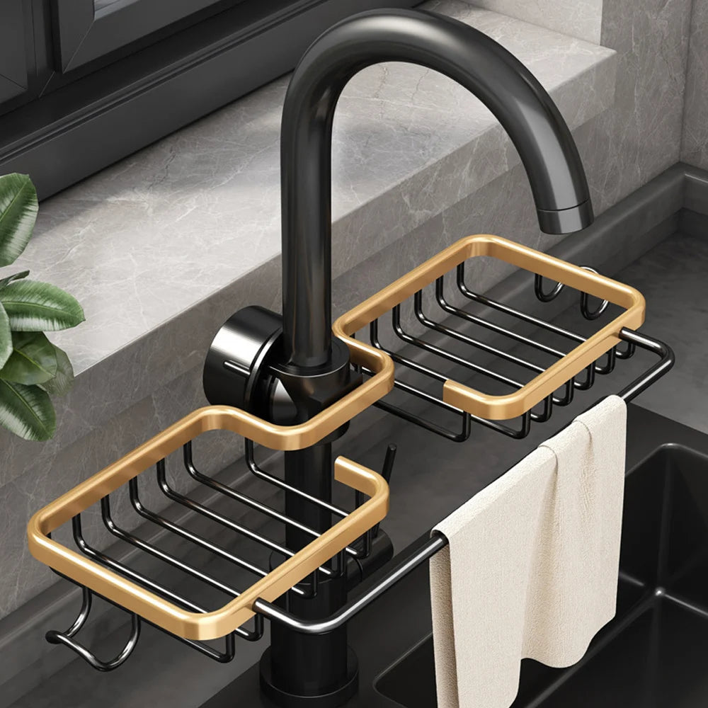 Kitchen Sink Sponge Drain Rack attached to a faucet in a premium kitchen