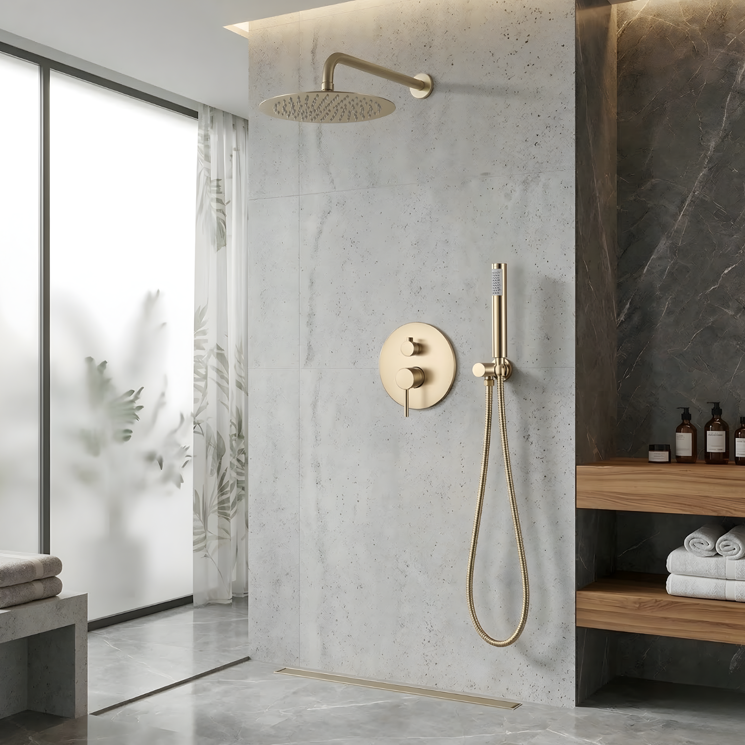 Odense -Brushed Gold Shower Faucet Wall Mounted Big Rainfall Head Hand Sprayer Set