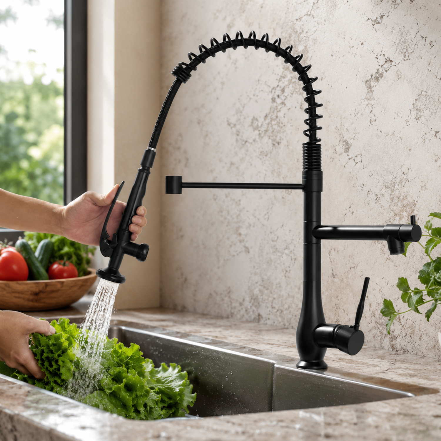 Oulanka - Commercial Single-Handle Kitchen Faucet  with Dual-Outlet High-Arc Spring Sink Tap