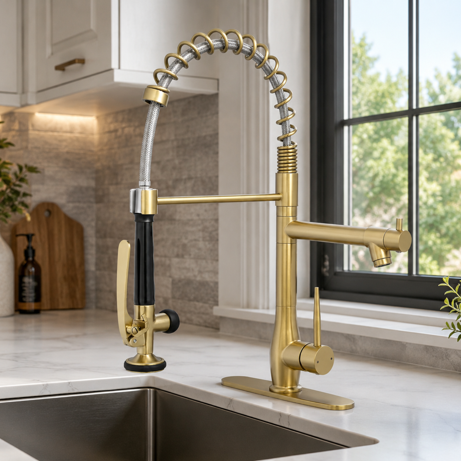 Oulanka - Commercial Single-Handle Kitchen Faucet  with Dual-Outlet High-Arc Spring Sink Tap
