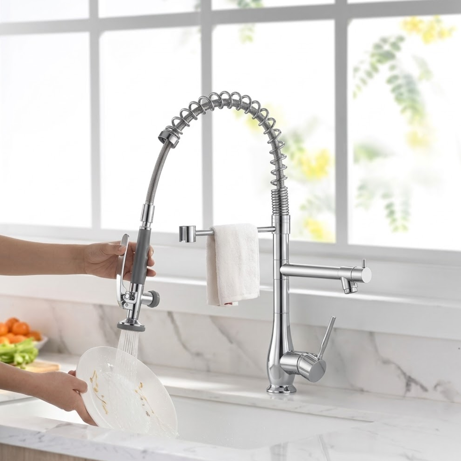 Oulanka - Commercial Single-Handle Kitchen Faucet  with Dual-Outlet High-Arc Spring Sink Tap