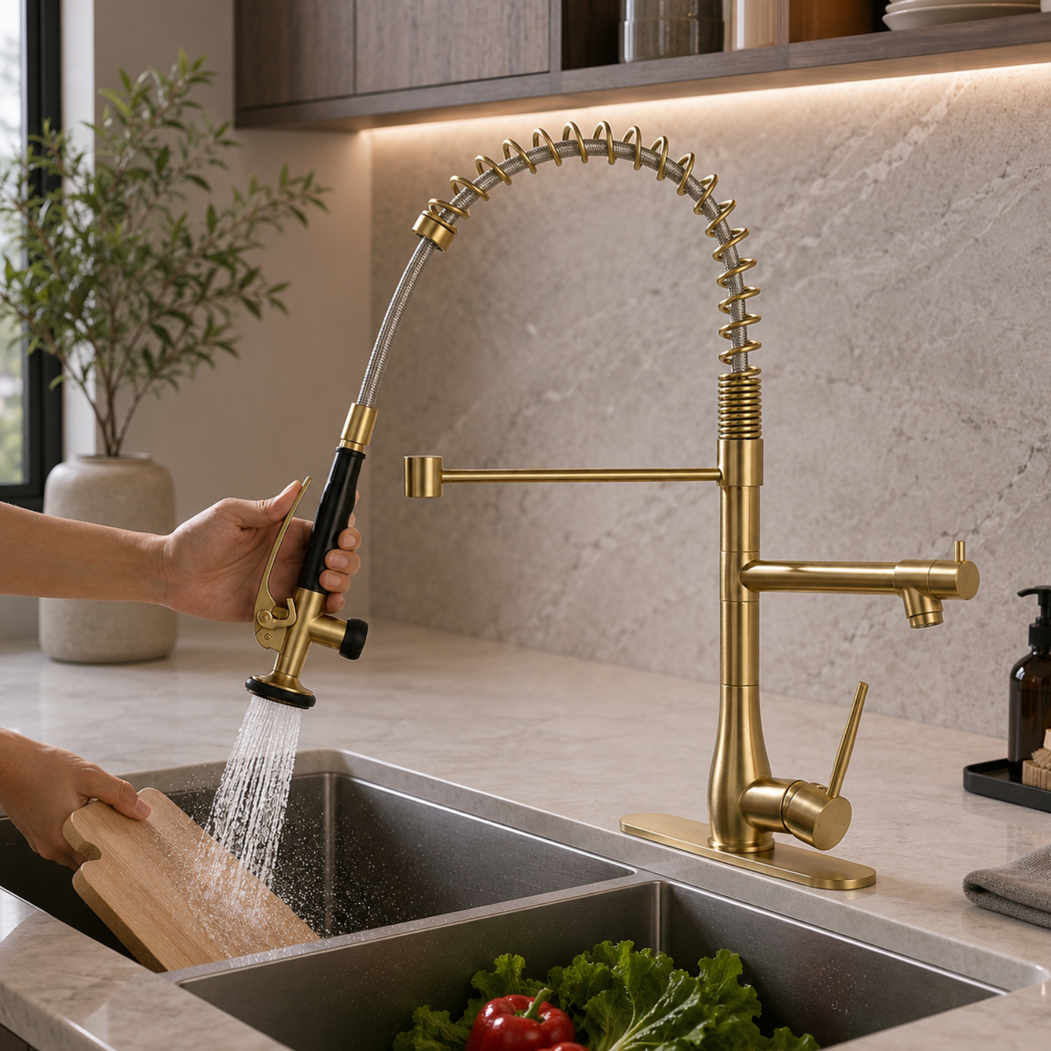 Oulanka - Commercial Single-Handle Kitchen Faucet  with Dual-Outlet High-Arc Spring Sink Tap