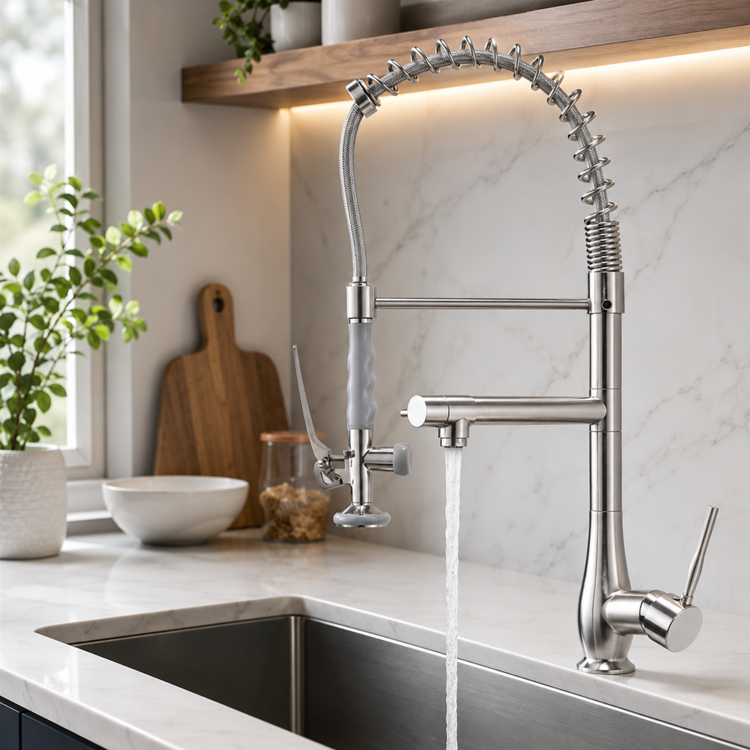 Oulanka - Commercial Single-Handle Kitchen Faucet  with Dual-Outlet High-Arc Spring Sink Tap