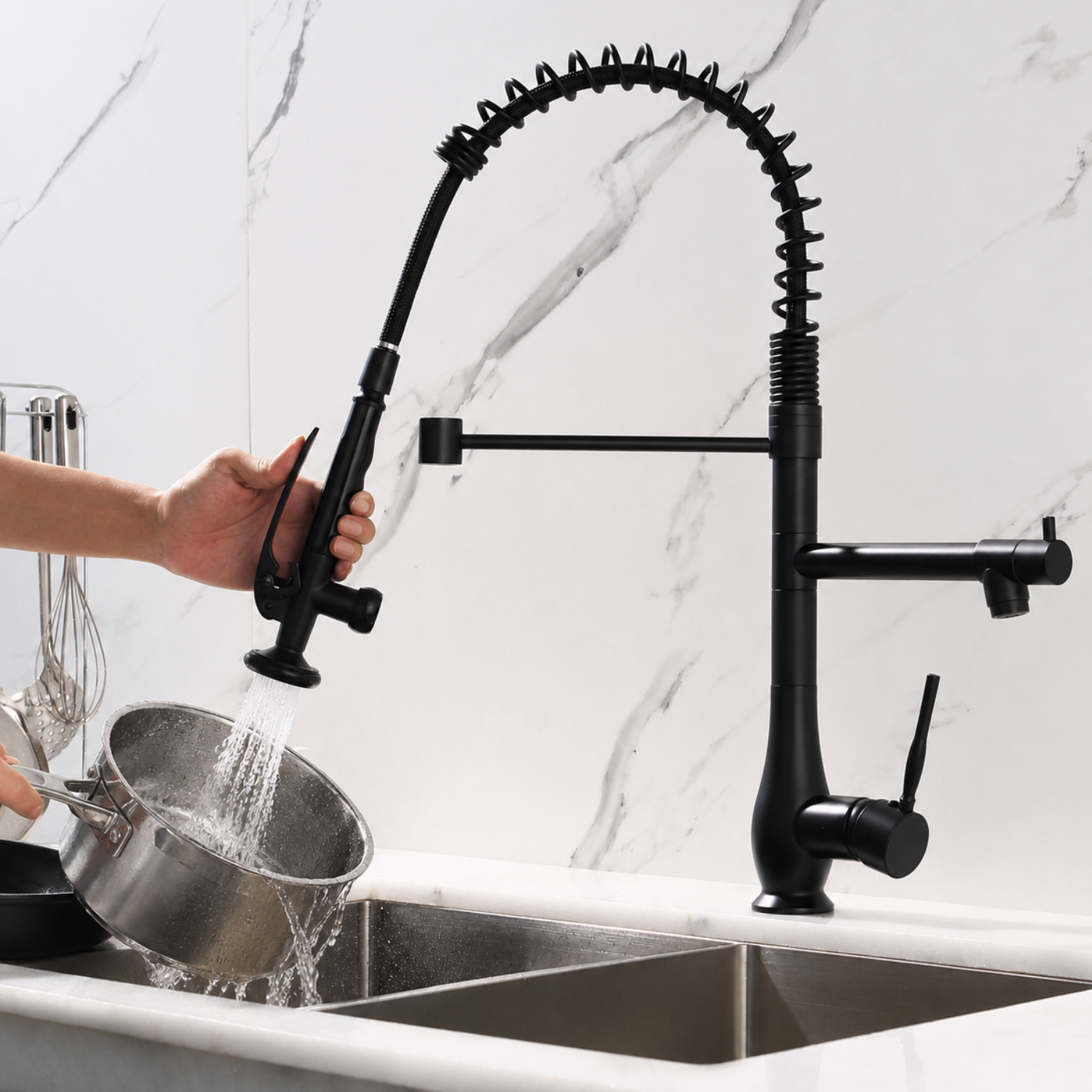 Oulanka - Commercial Single-Handle Kitchen Faucet  with Dual-Outlet High-Arc Spring Sink Tap